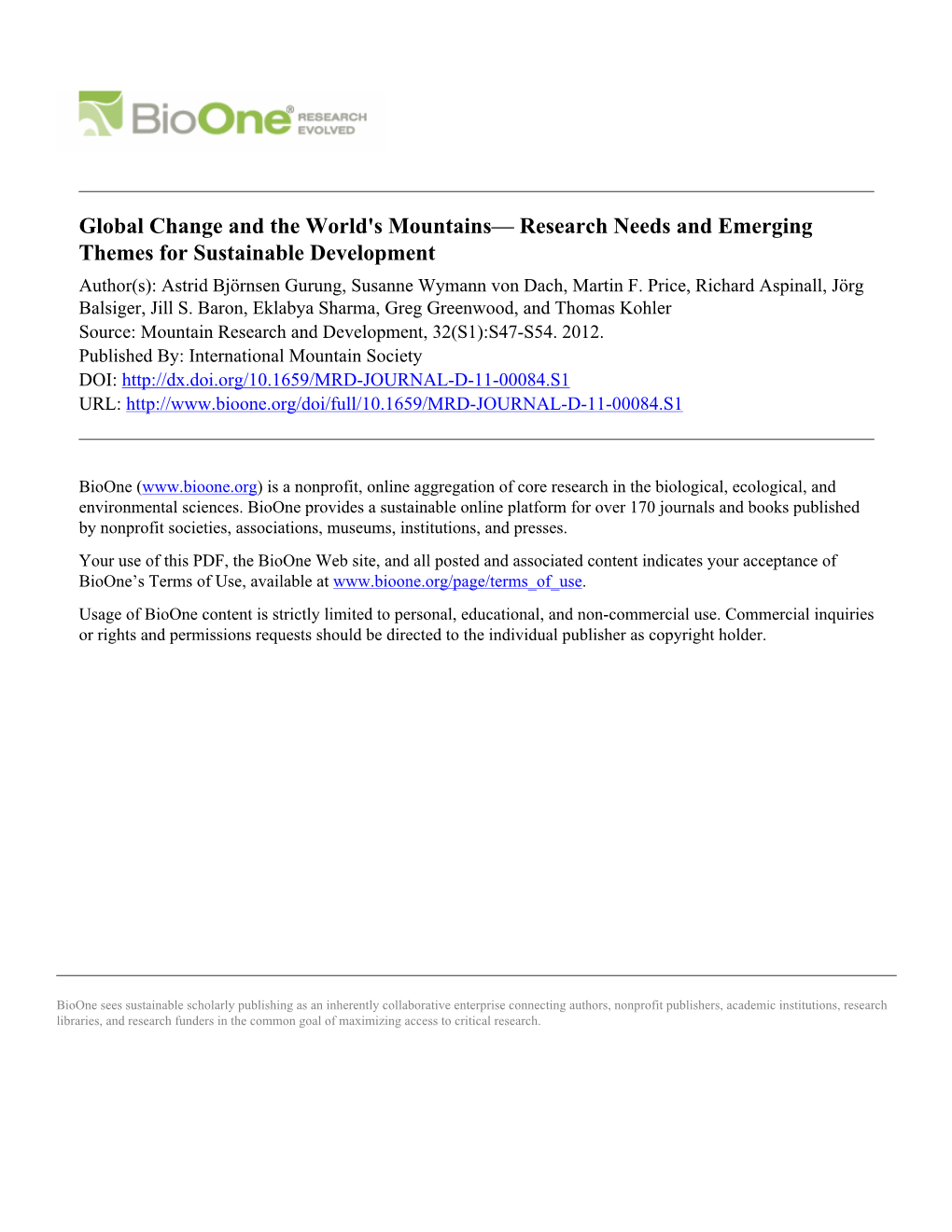 Global Change and the World's Mountains— Research Needs and Emerging Themes for Sustainable Development