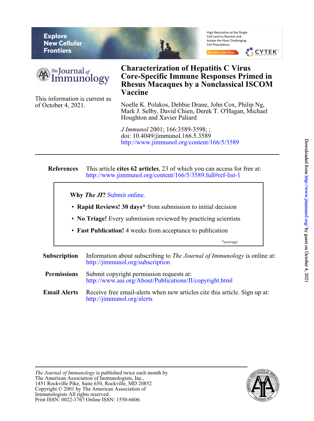 Vaccine Rhesus Macaques by a Nonclassical ISCOM Core-Specific Immune Responses Primed in Characterization of Hepatitis C Virus