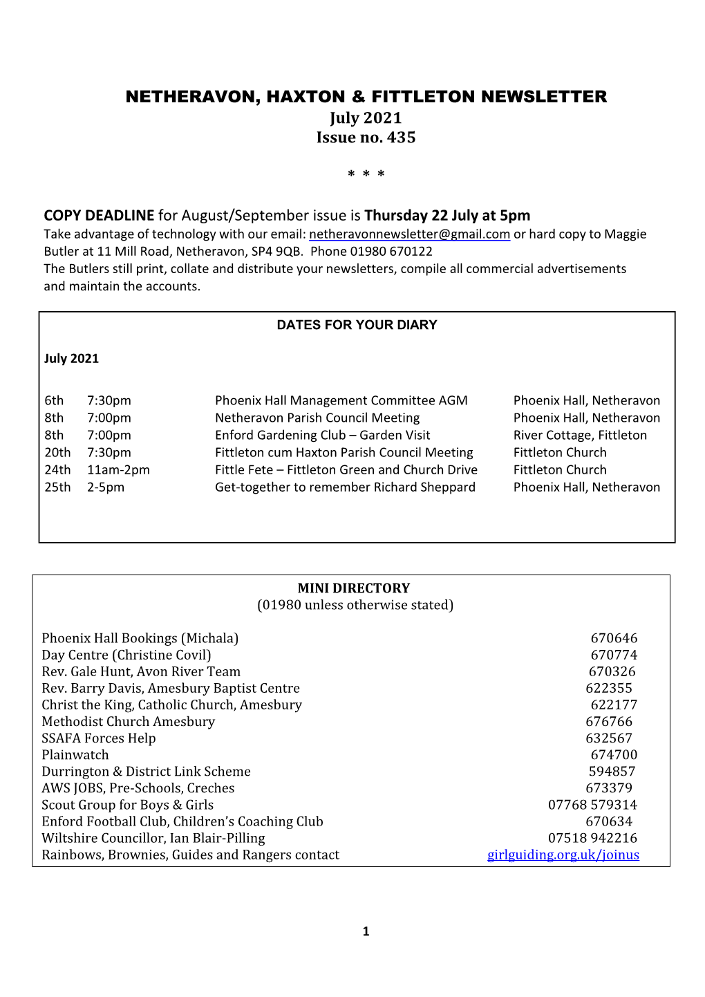 NETHERAVON, HAXTON & FITTLETON NEWSLETTER July 2021 Issue No. 435 * * * COPY DEADLINE for August/September Issue Is Thurs