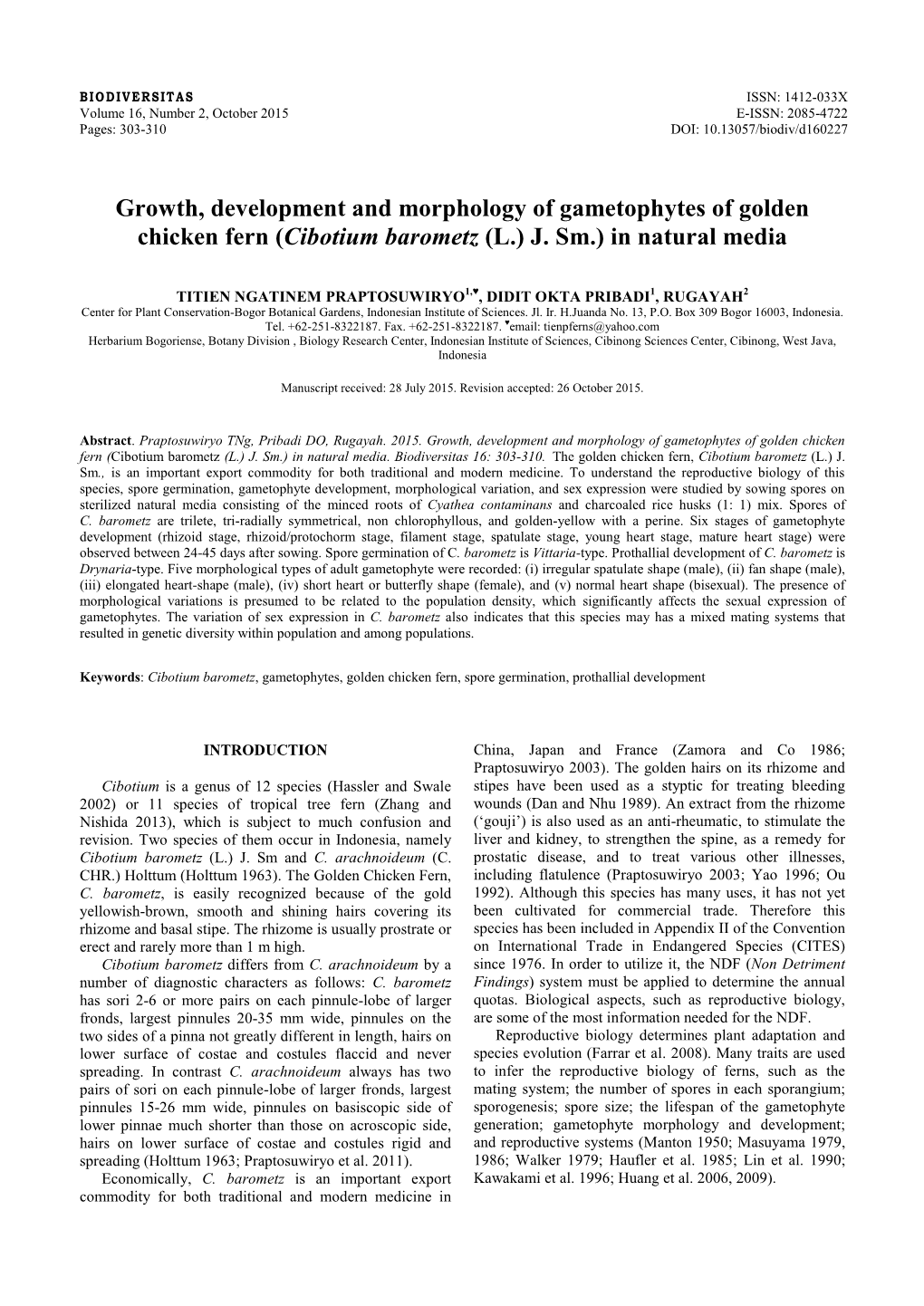 Growth, Development and Morphology of Gametophytes of Golden Chicken Fern (Cibotium Barometz (L.) J