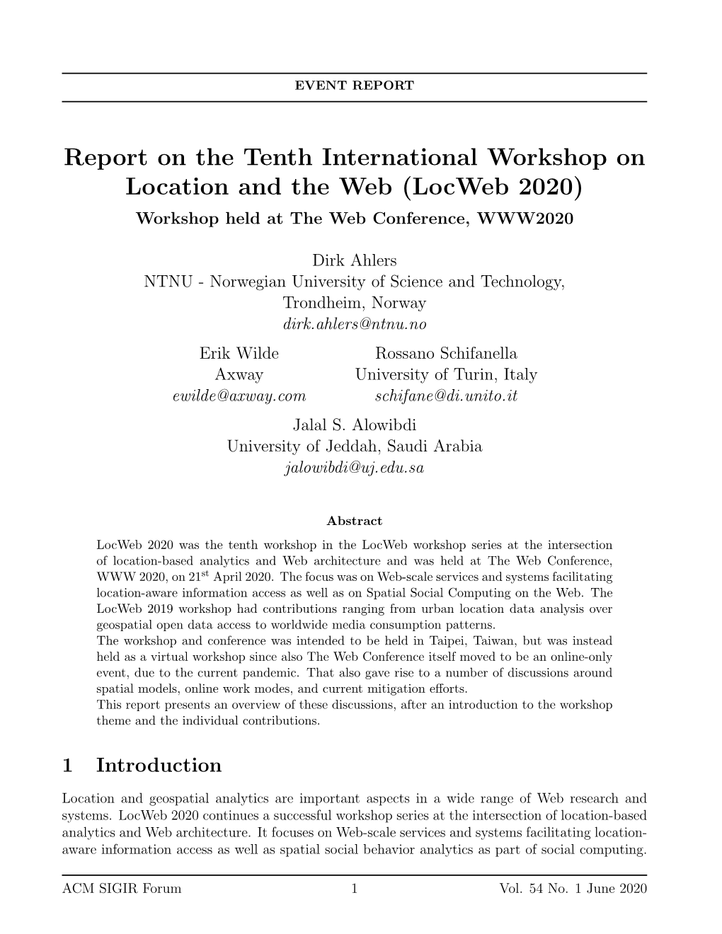 Report on the Tenth International Workshop on Location and the Web (Locweb 2020) Workshop Held at the Web Conference, WWW2020
