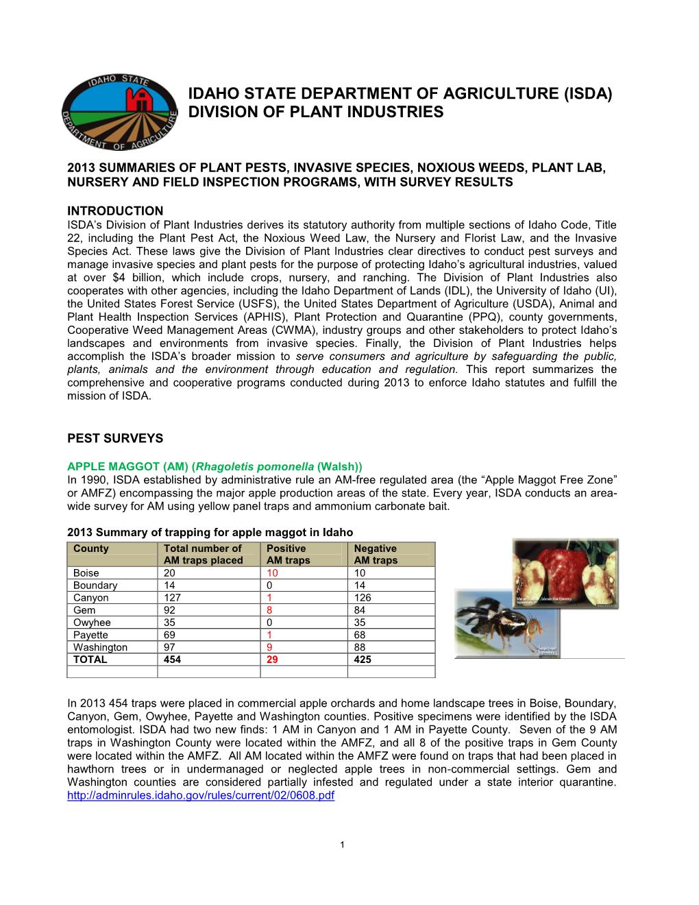 Idaho State Department of Agriculture (Isda) Division of Plant Industries