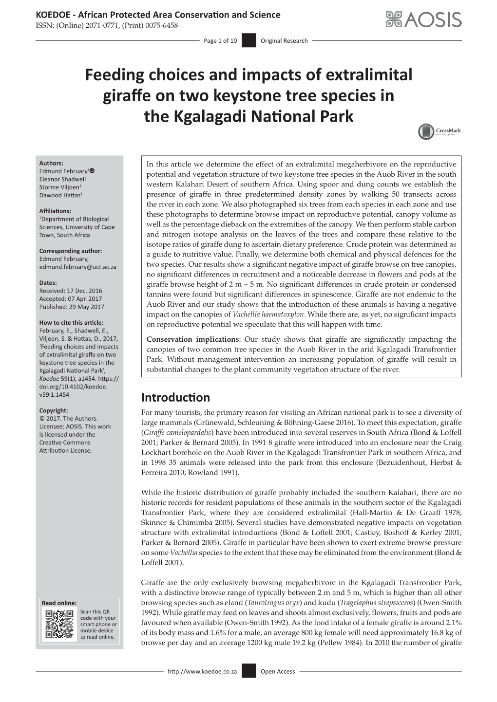Feeding Choices and Impacts of Extralimital Giraffe on Two Keystone Tree Species in the Kgalagadi National Park