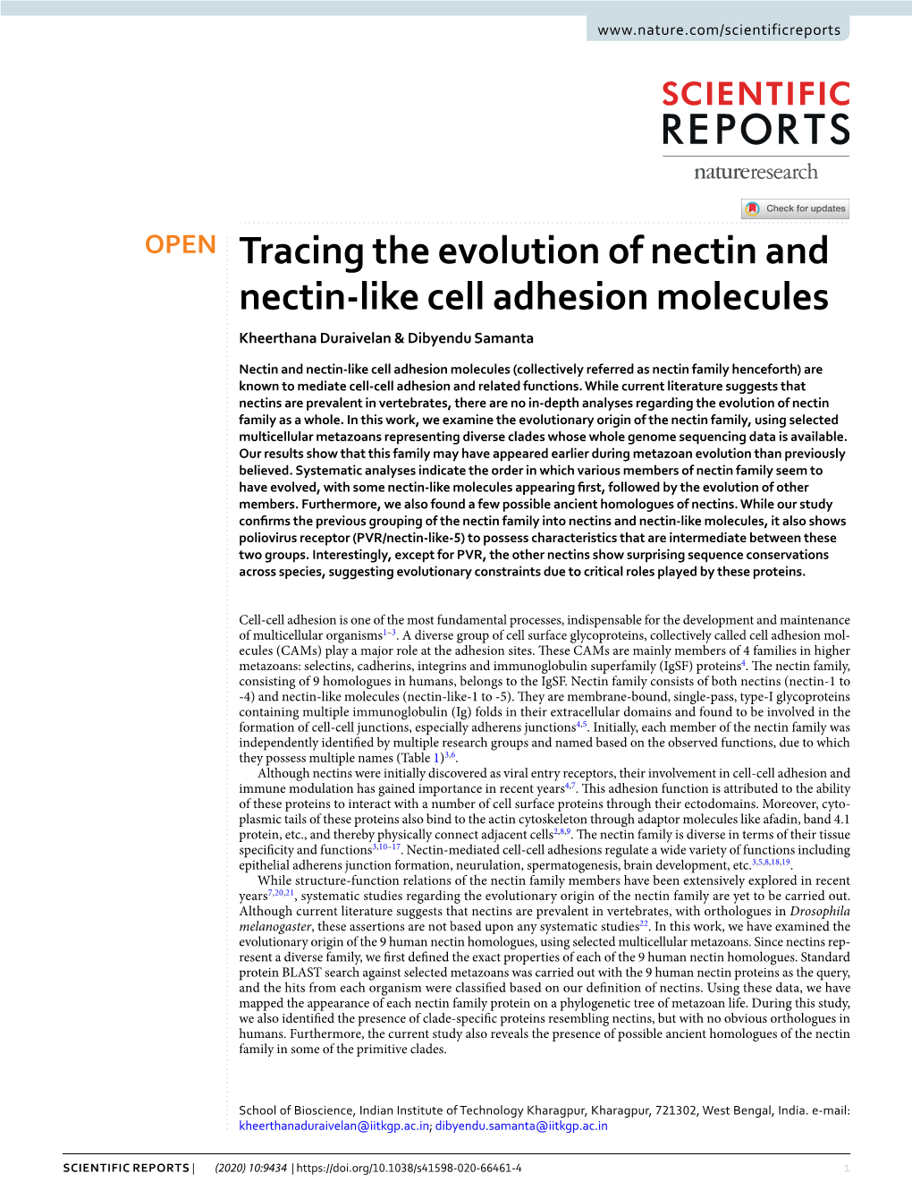 Tracing the Evolution of Nectin and Nectin-Like Cell Adhesion Molecules Kheerthana Duraivelan & Dibyendu Samanta