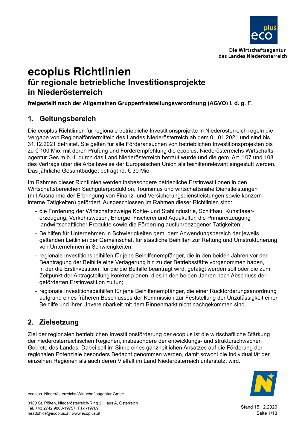 Ecoplus Richtlinie Für Regionale Betriebliche Investitionsprojekte