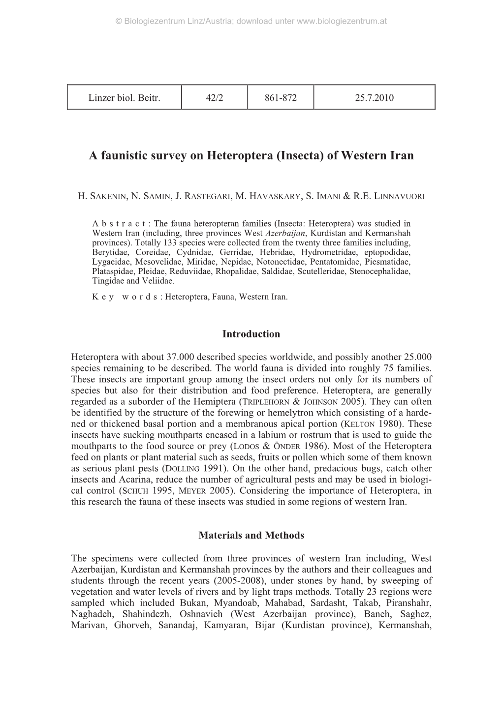 A Faunistic Survey on Heteroptera (Insecta) of Western Iran