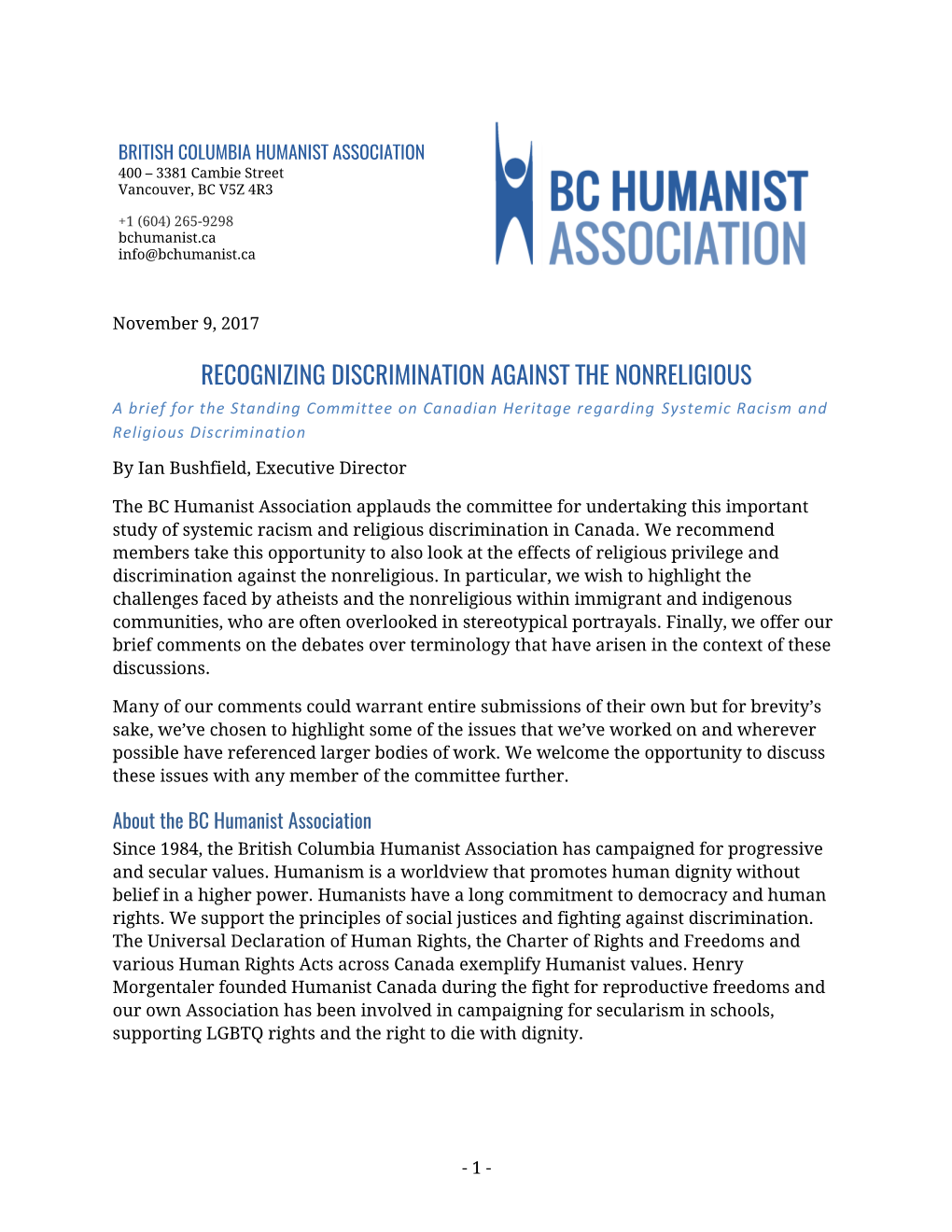 RECOGNIZING DISCRIMINATION AGAINST the NONRELIGIOUS a Brief for the Standing Committee on Canadian Heritage Regarding Systemic Racism and Religious Discrimination