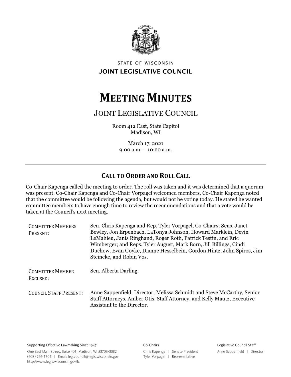 Meeting Minutes Joint Legislative Council