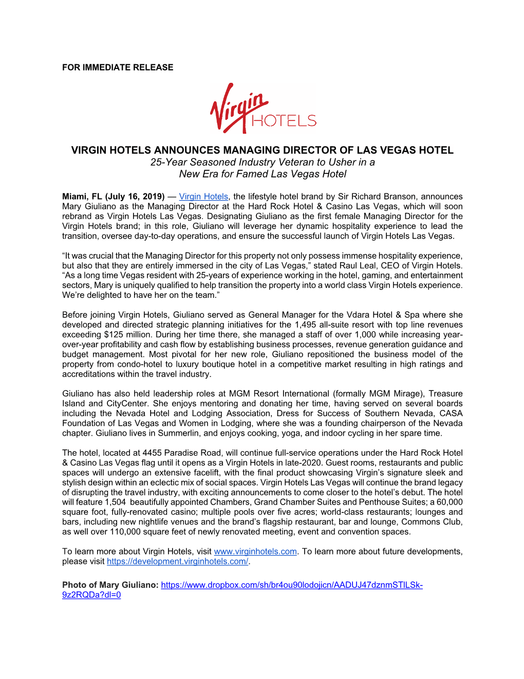 VIRGIN HOTELS ANNOUNCES MANAGING DIRECTOR of LAS VEGAS HOTEL 25-Year Seasoned Industry Veteran to Usher in a New Era for Famed Las Vegas Hotel