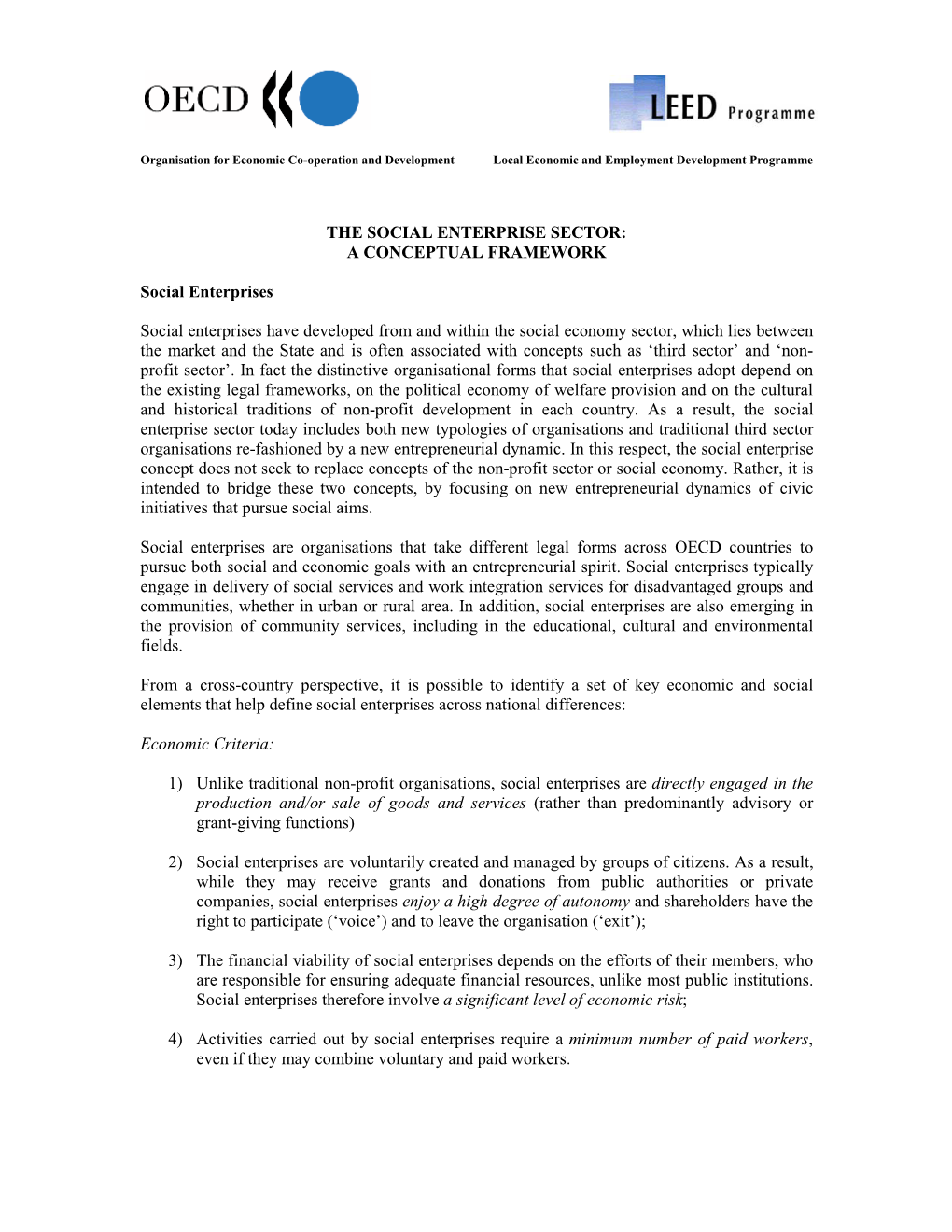 The Social Enterprise Sector: a Conceptual Framework