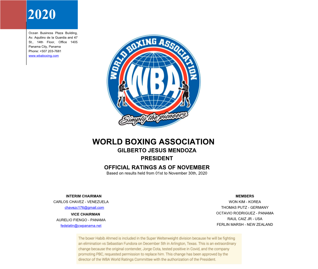 WORLD BOXING ASSOCIATION GILBERTO JESUS MENDOZA PRESIDENT OFFICIAL RATINGS AS of NOVEMBER Based on Results Held from 01St to November 30Th, 2020