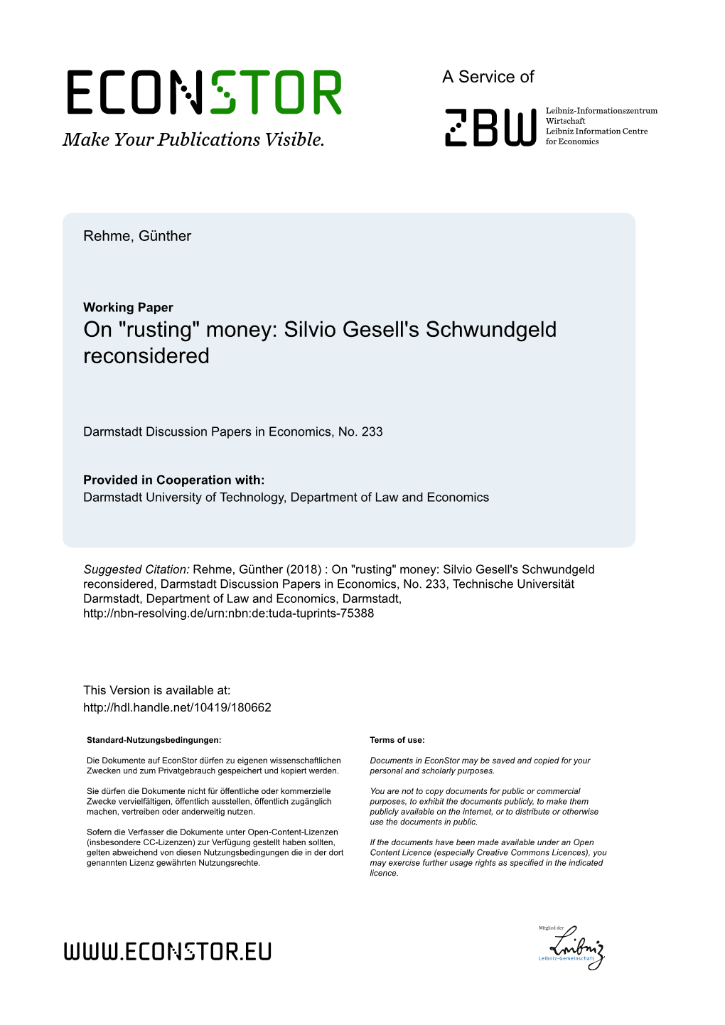 Money: Silvio Gesell's Schwundgeld Reconsidered