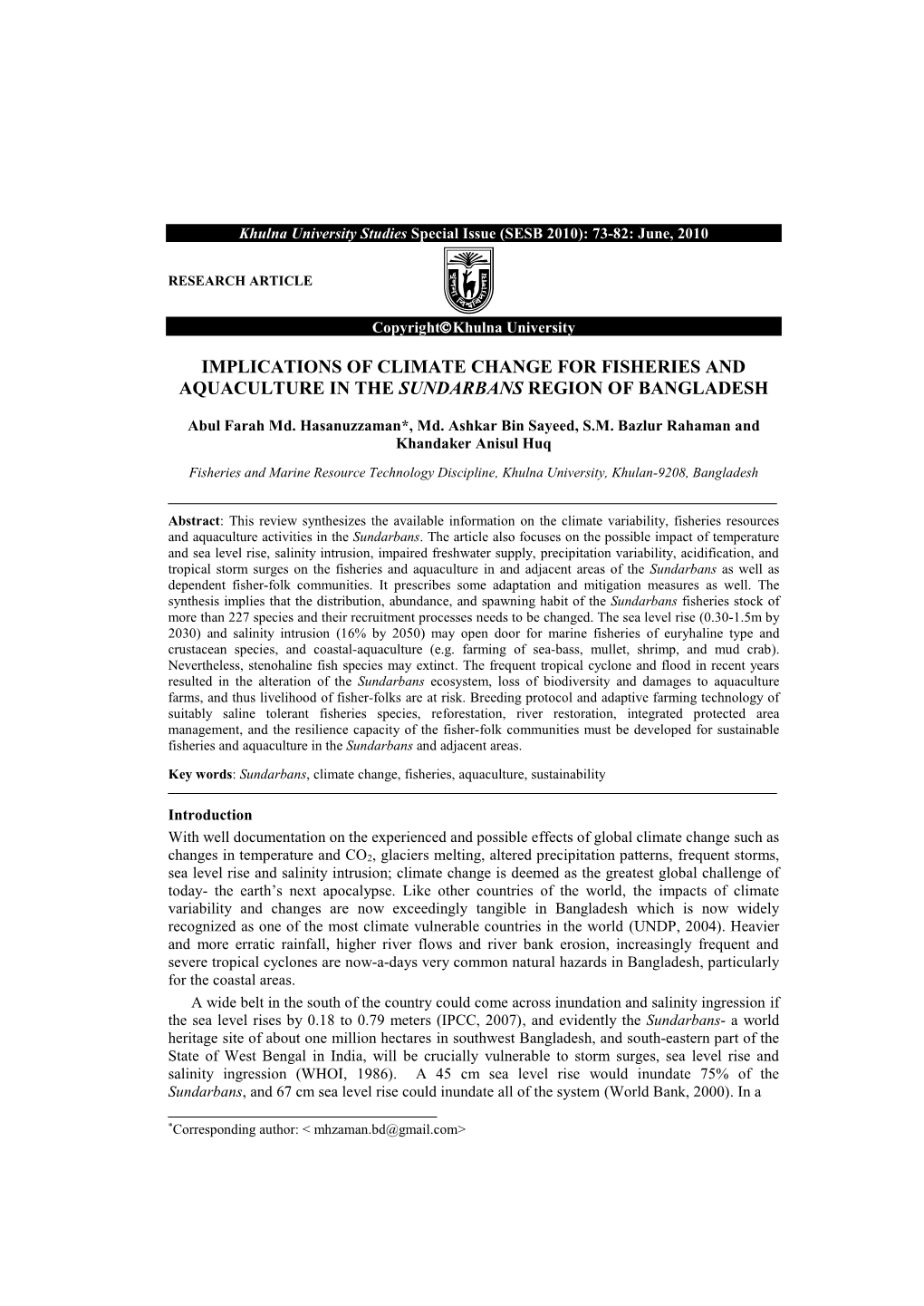 Implications of Climate Change for Fisheries and Aquaculture in the Sundarbans Region of Bangladesh