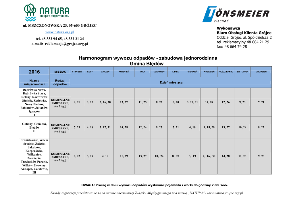 Harmonogram Wywozu Odpadów