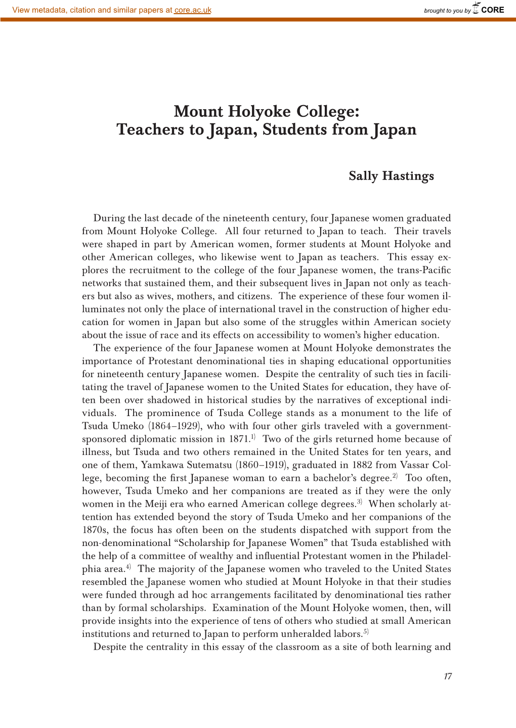 Mount Holyoke College: Teachers to Japan, Students from Japan