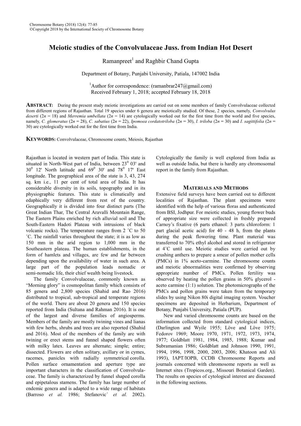 Meiotic Studies of the Convolvulaceae Juss. from Indian Hot Desert