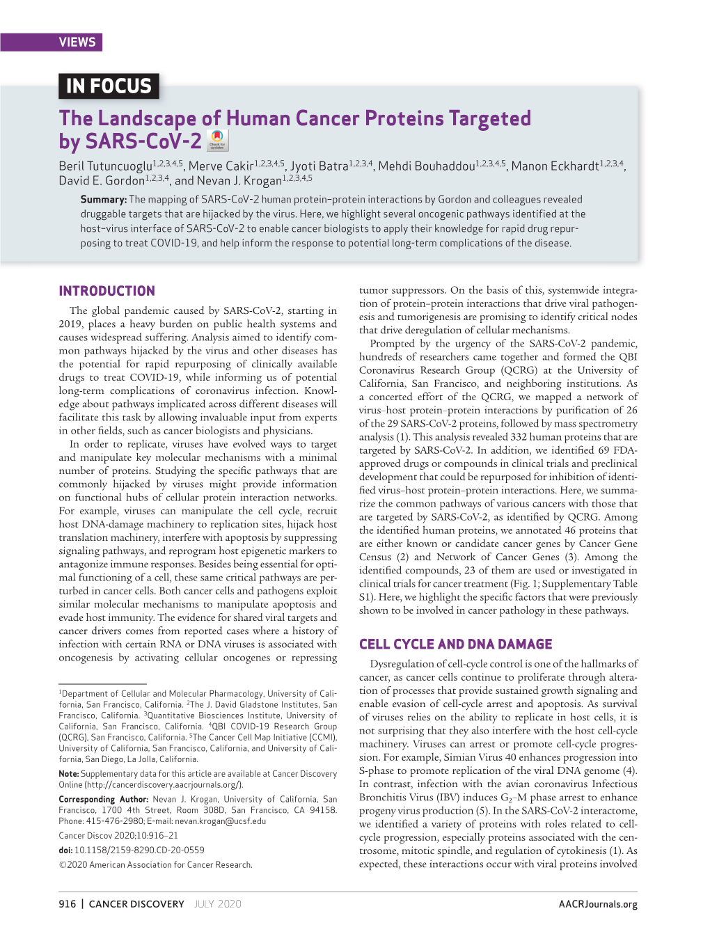 The Landscape of Human Cancer Proteins Targeted by Sars-Cov-2