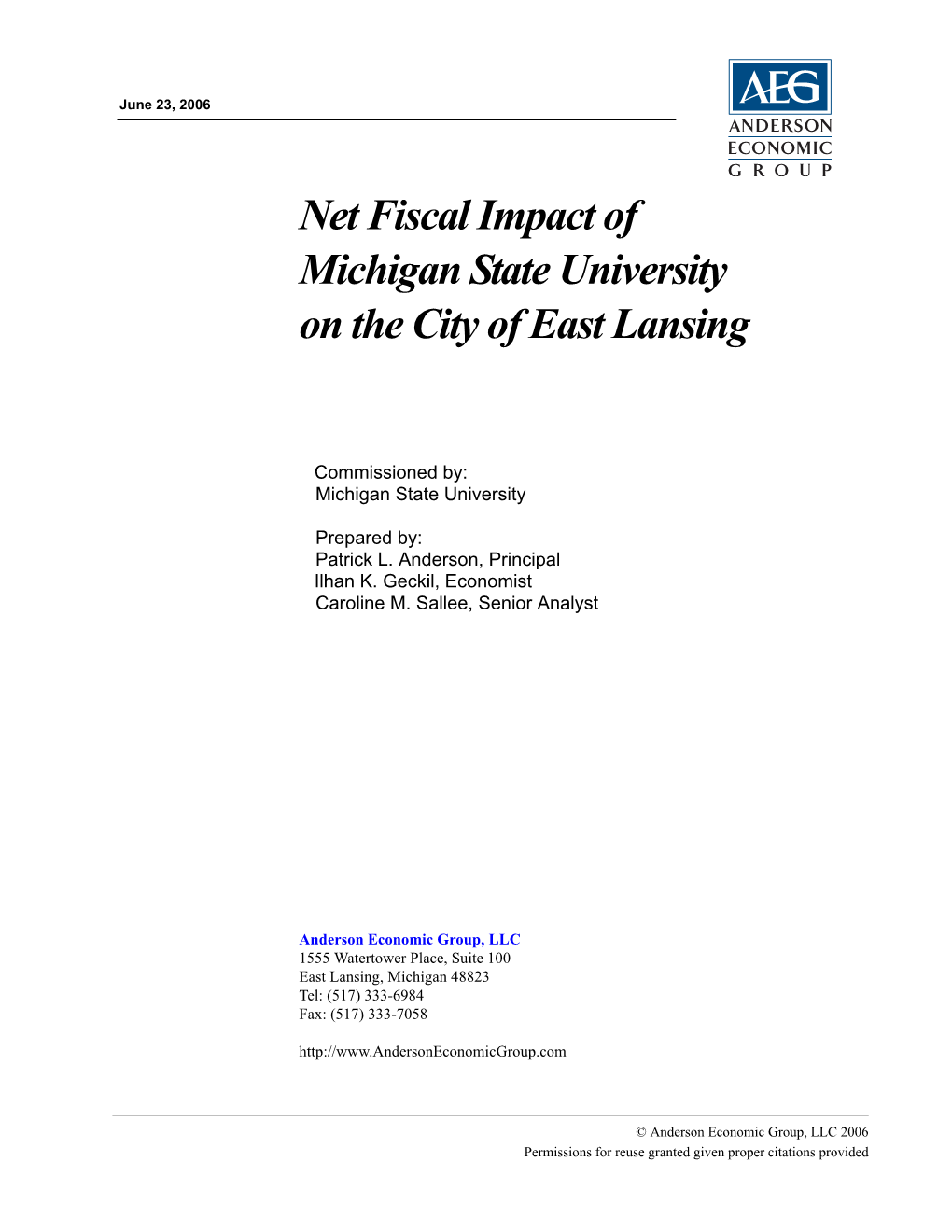 Net Fiscal Impact of Michigan State University on the City of East Lansing