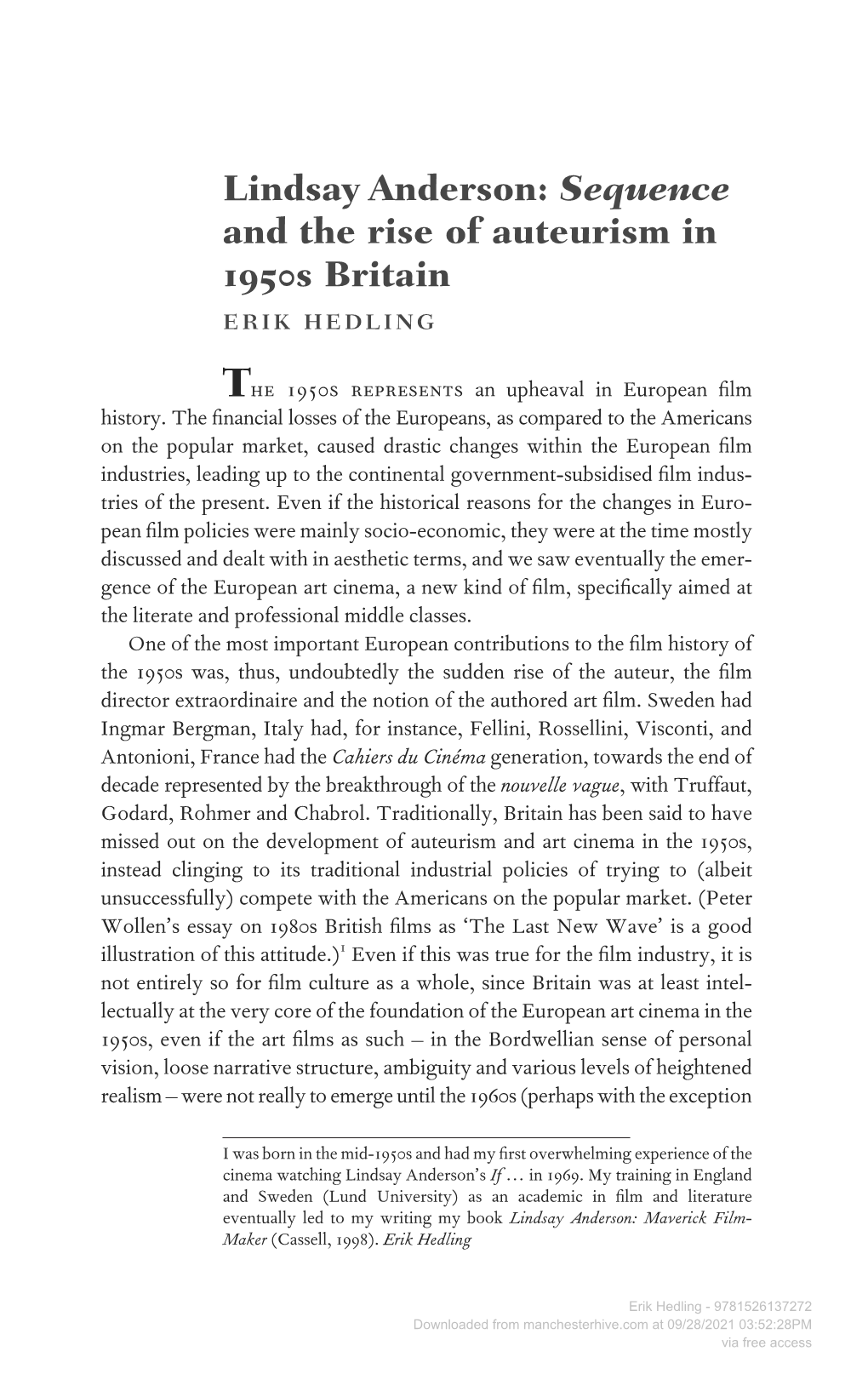 Lindsay Anderson: Sequence and the Rise of Auteurism in 1950S Britain Erik Hedling