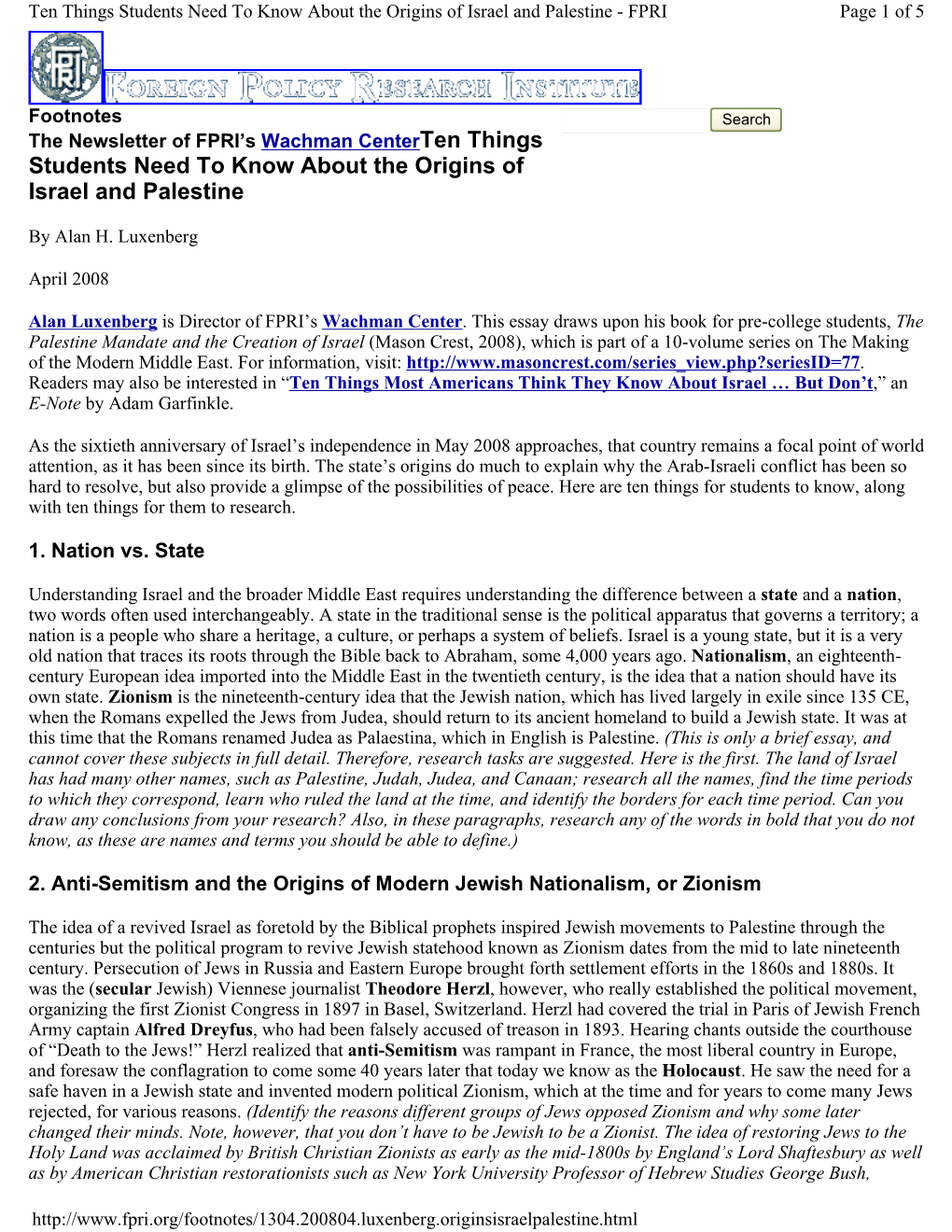 Students Need to Know About the Origins of Israel and Palestine - FPRI Page 1 of 5