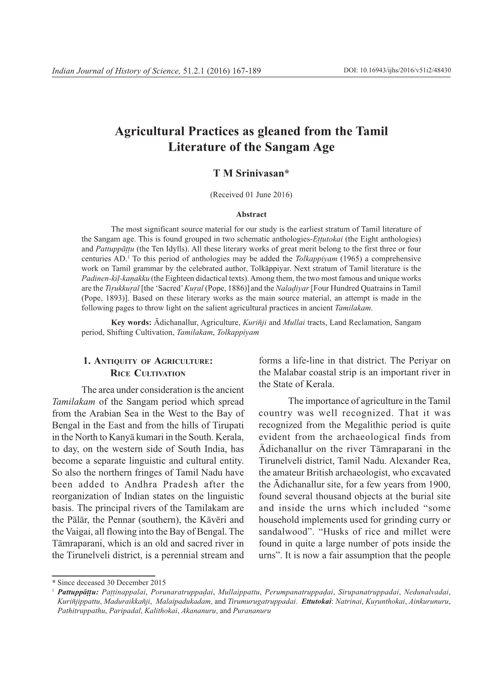 Agricultural Practices As Gleaned from the Tamil Literature of the Sangam Age