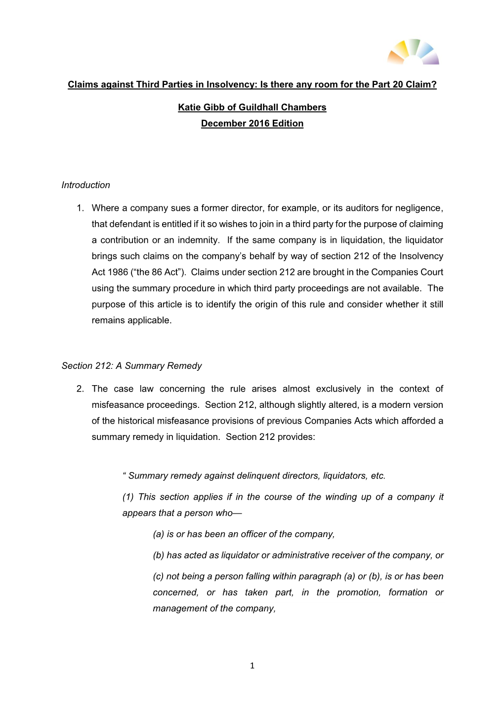 1 Claims Against Third Parties in Insolvency