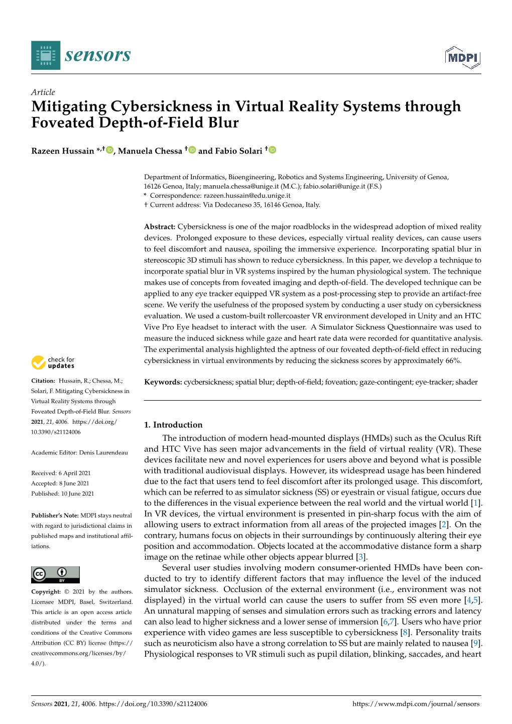 Mitigating Cybersickness in Virtual Reality Systems Through Foveated Depth-Of-Field Blur