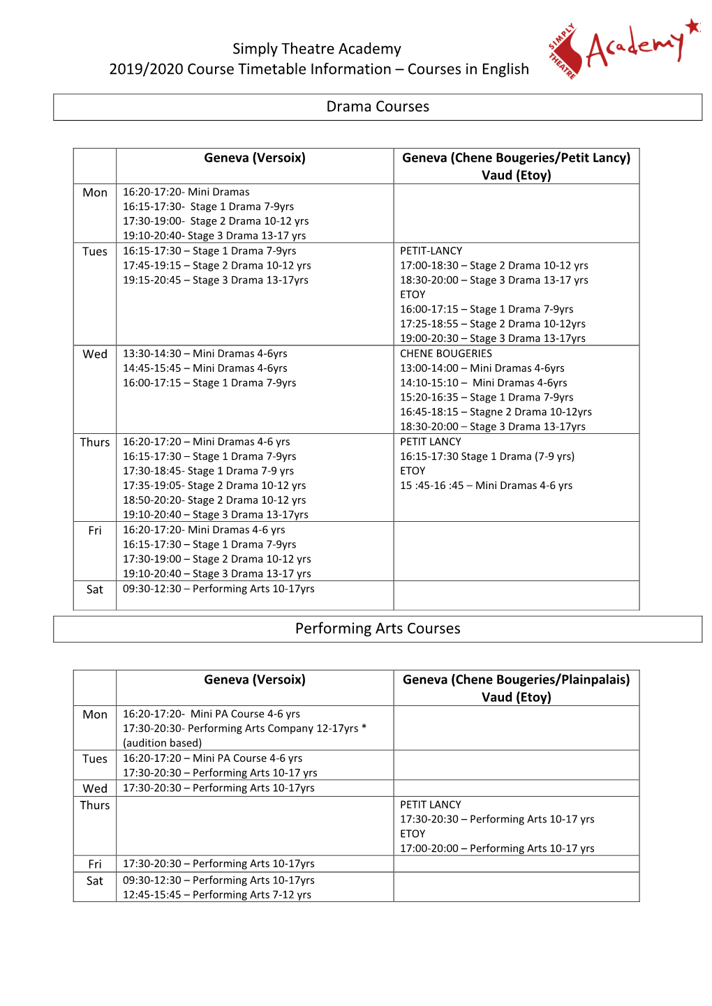 Simply Theatre Academy 2019/2020 Course Timetable Information – Courses in English