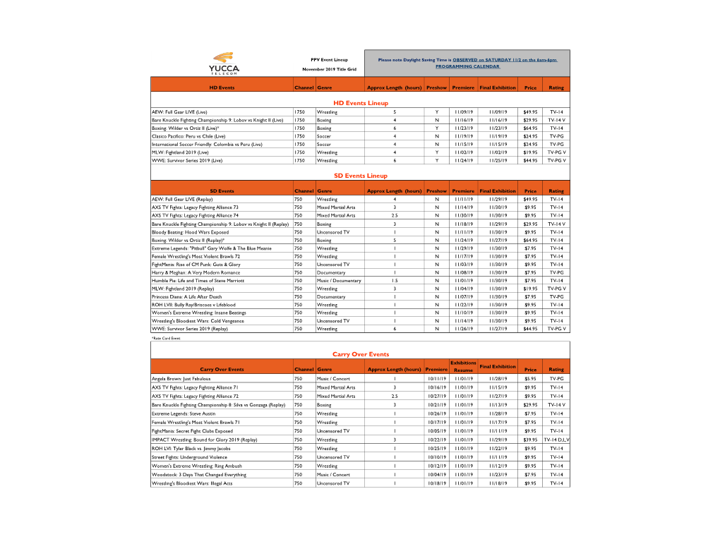 Carry Over Events SD Events Lineup HD Events Lineup