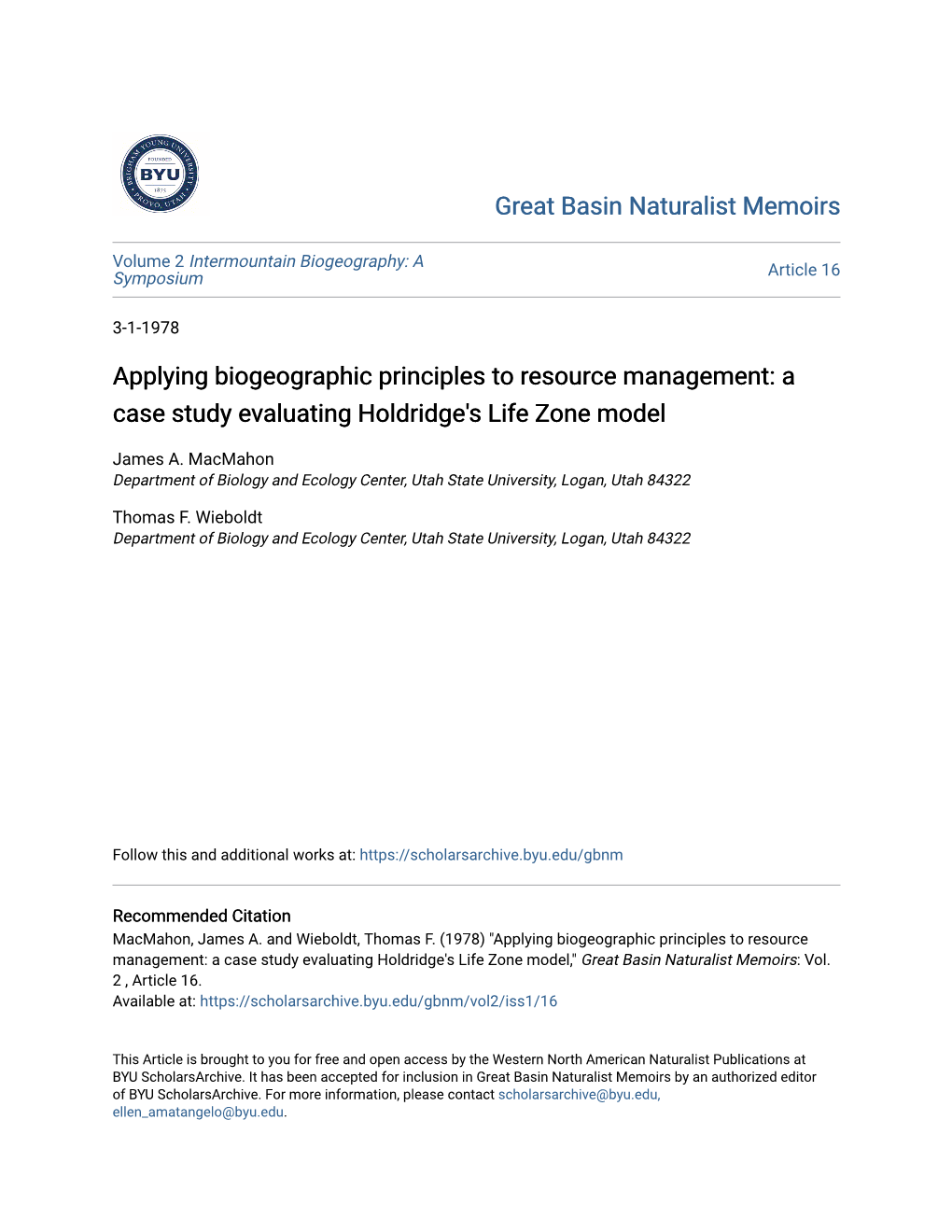 Applying Biogeographic Principles to Resource Management: a Case Study Evaluating Holdridge's Life Zone Model