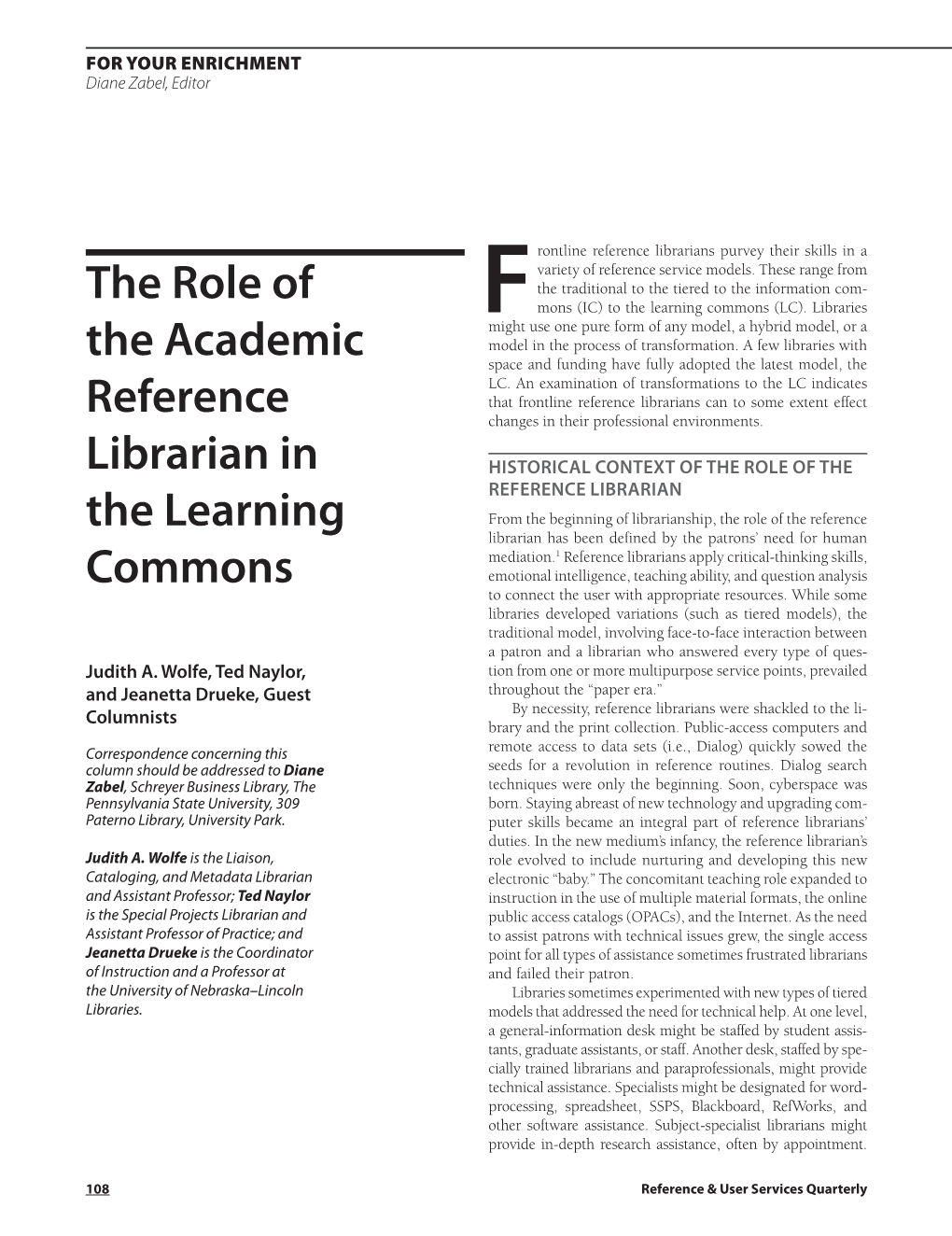 The Role of the Academic Reference Librarian in the Learning Commons