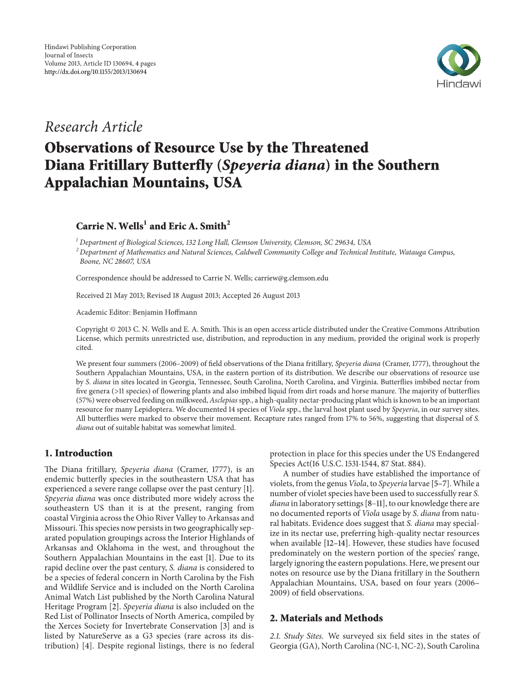 Observations of Resource Use by the Threatened Diana Fritillary Butterfly (Speyeria Diana) in the Southern Appalachian Mountains, USA