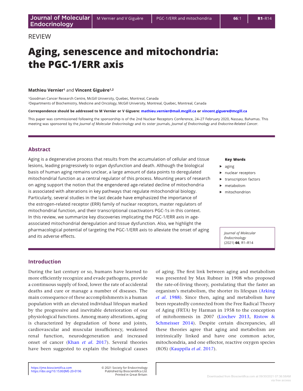 Aging, Senescence and Mitochondria: the PGC-1/ERR Axis