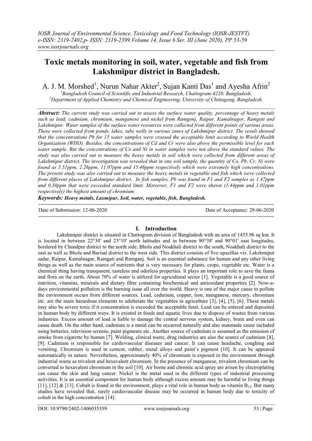 Toxic Metals Monitoring in Soil, Water, Vegetable and Fish from Lakshmipur District in Bangladesh