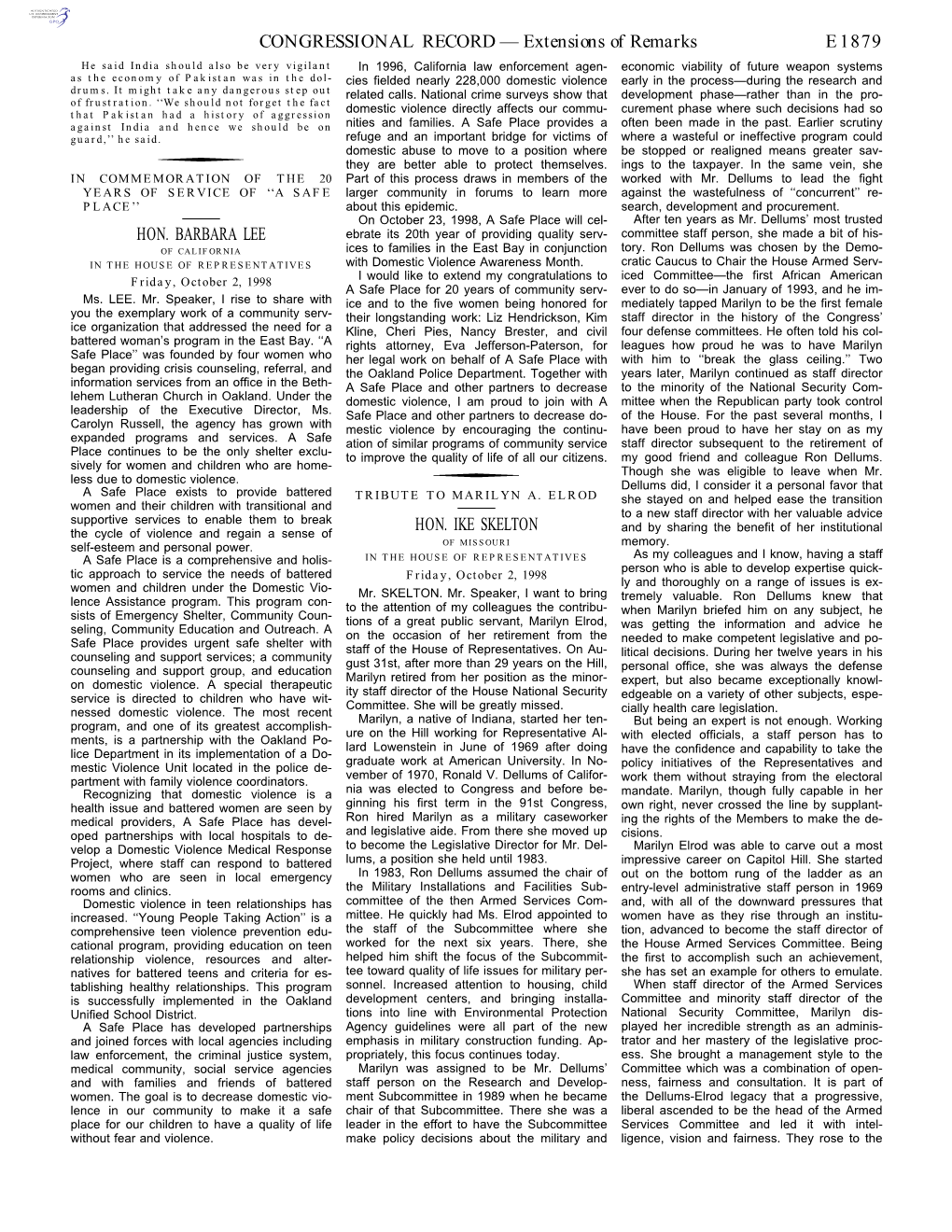 CONGRESSIONAL RECORD— Extensions of Remarks E1879 HON. BARBARA LEE HON. IKE SKELTON