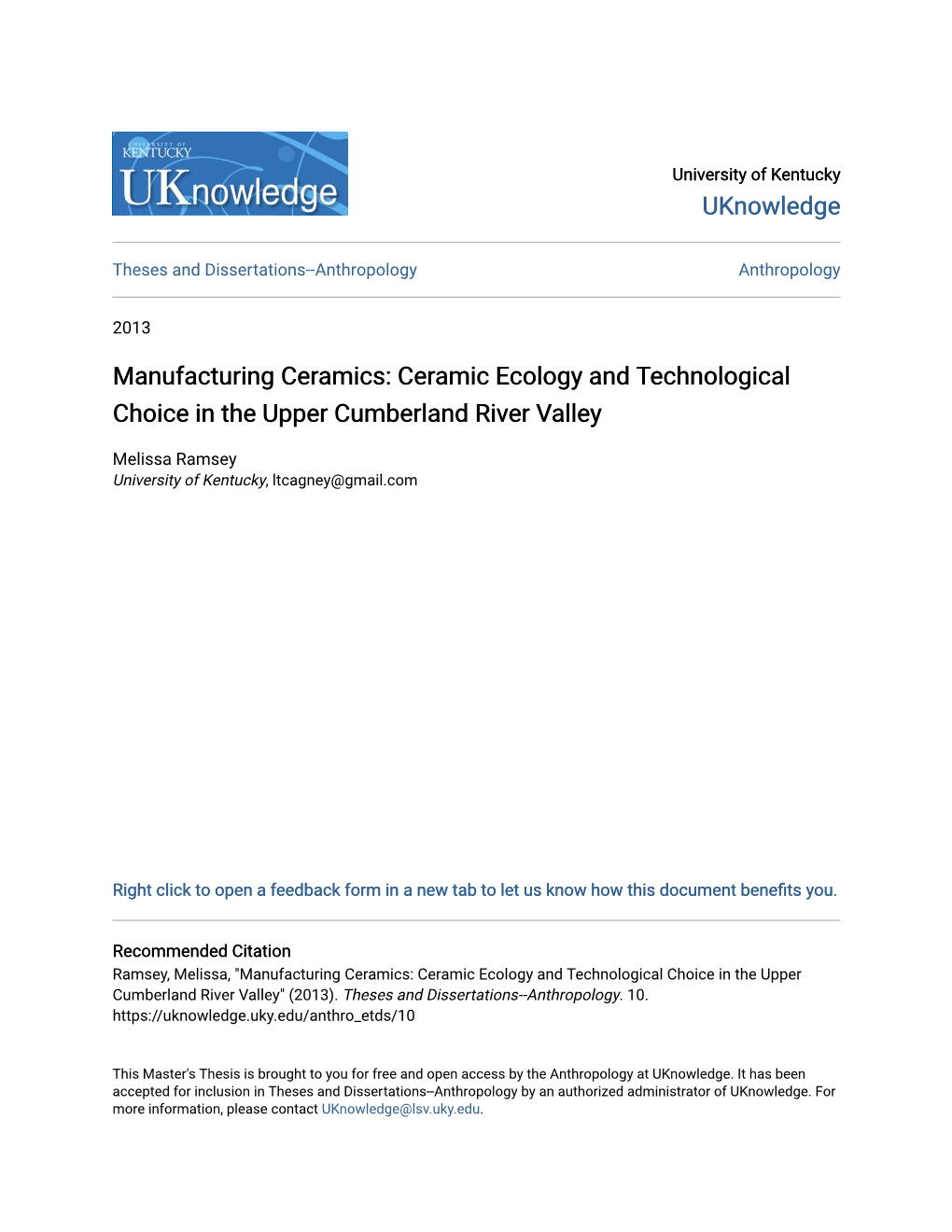 Manufacturing Ceramics: Ceramic Ecology and Technological Choice in the Upper Cumberland River Valley