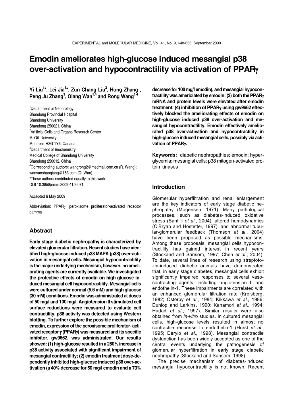 Emodin Ameliorates High-Glucose Induced Mesangial P38 Over-Activation and Hypocontractility Via Activation of Pparγ