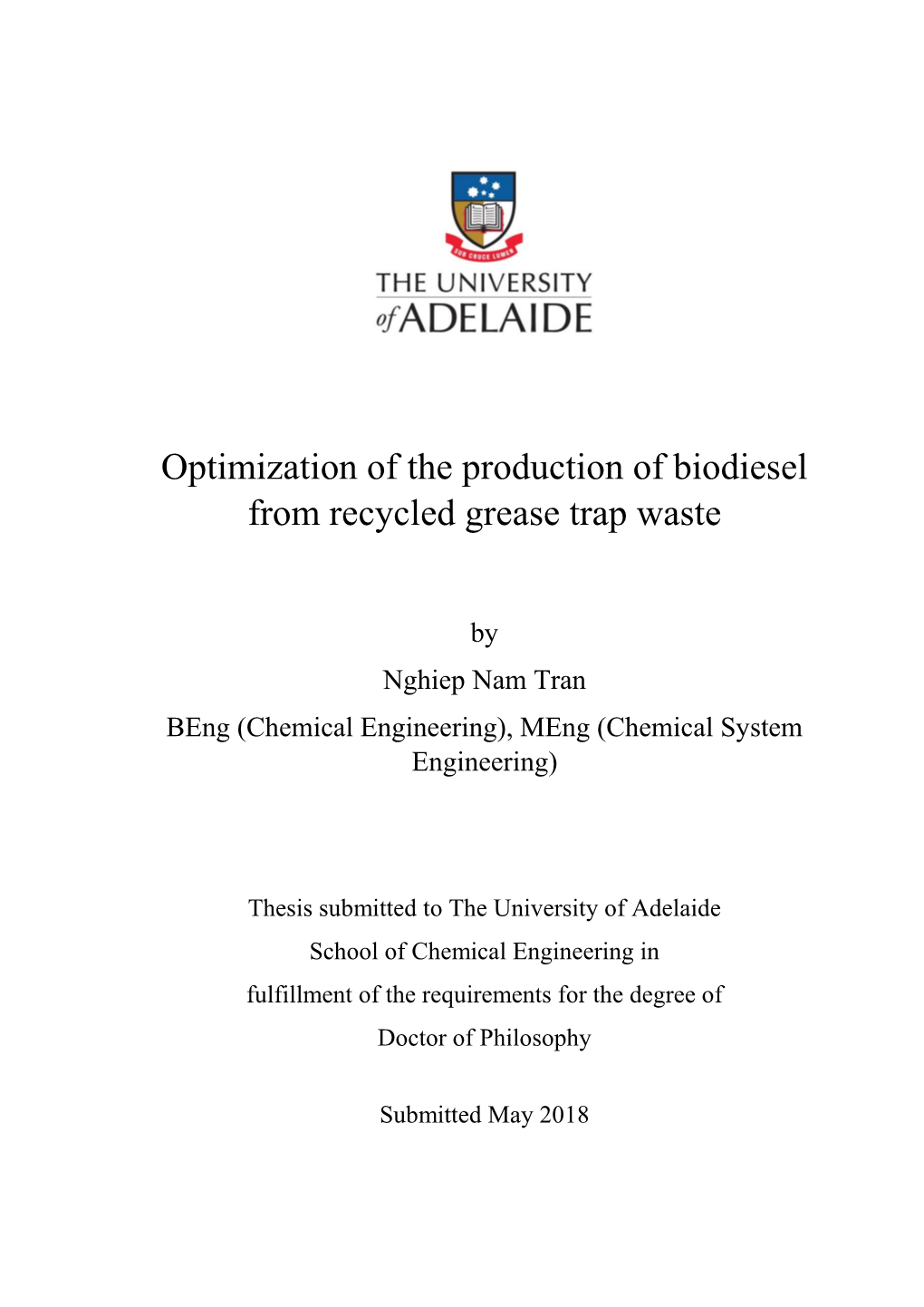 Optimization of the Production of Biodiesel from Recycled Grease Trap Waste