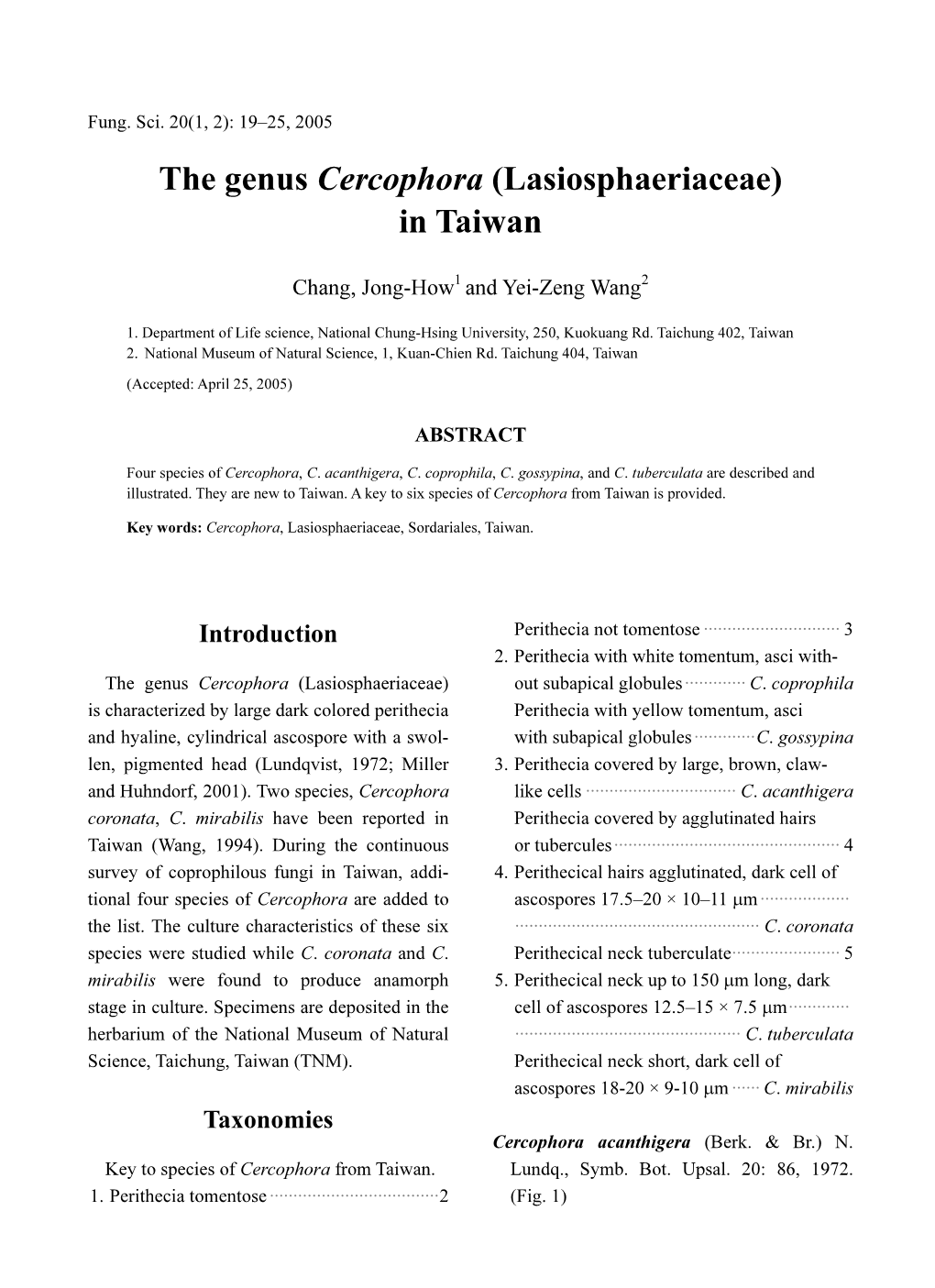 The Genus Cercophora (Lasiosphaeriaceae) in Taiwan