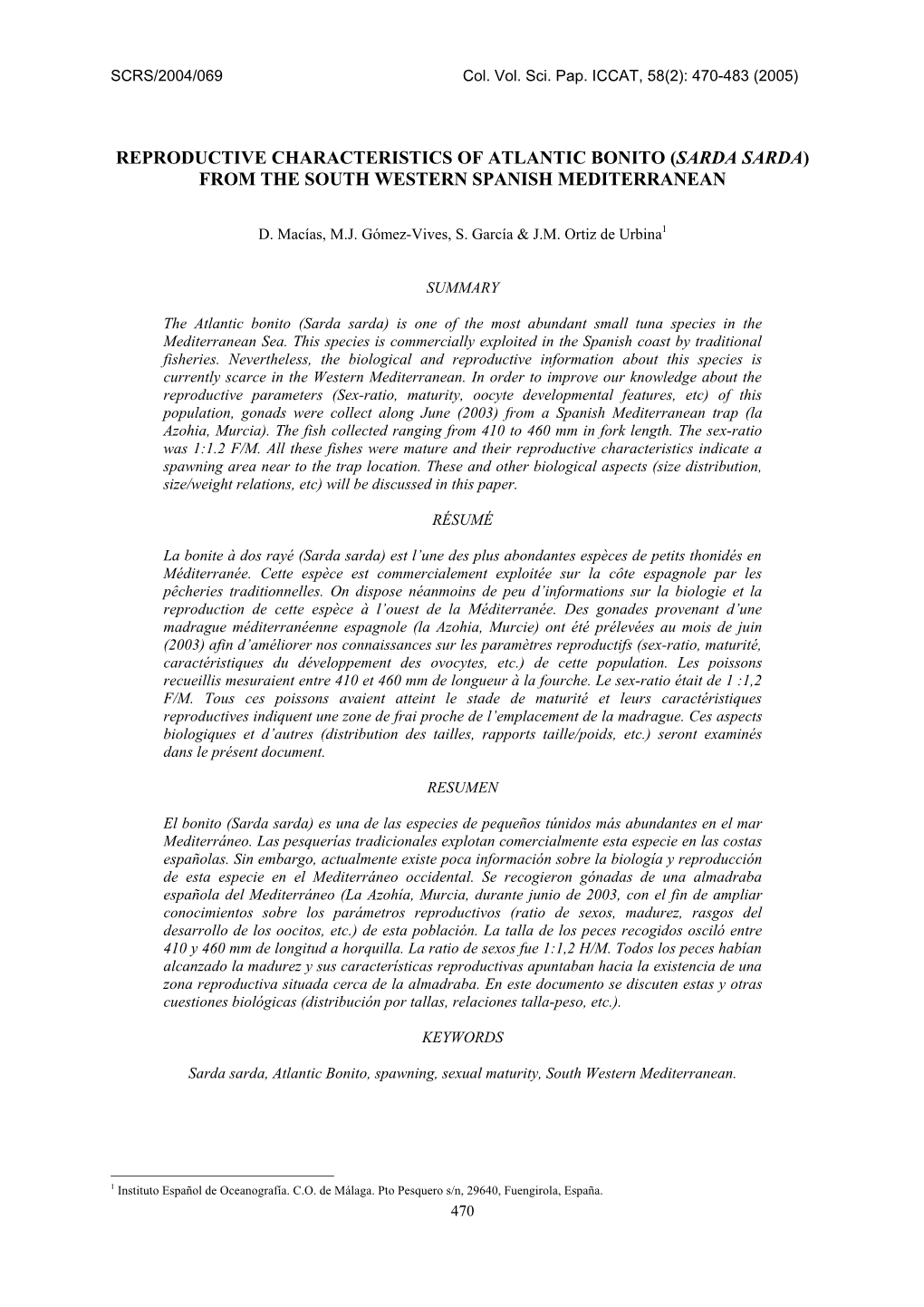 Reproductive Characteristics of Atlantic Bonito (Sarda Sarda) from the South Western Spanish Mediterranean