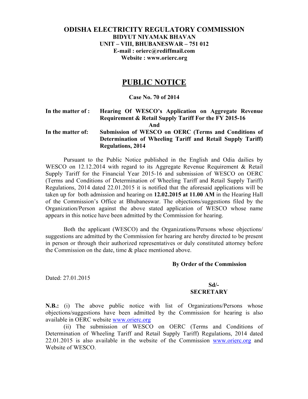 Public Notice for Hearing