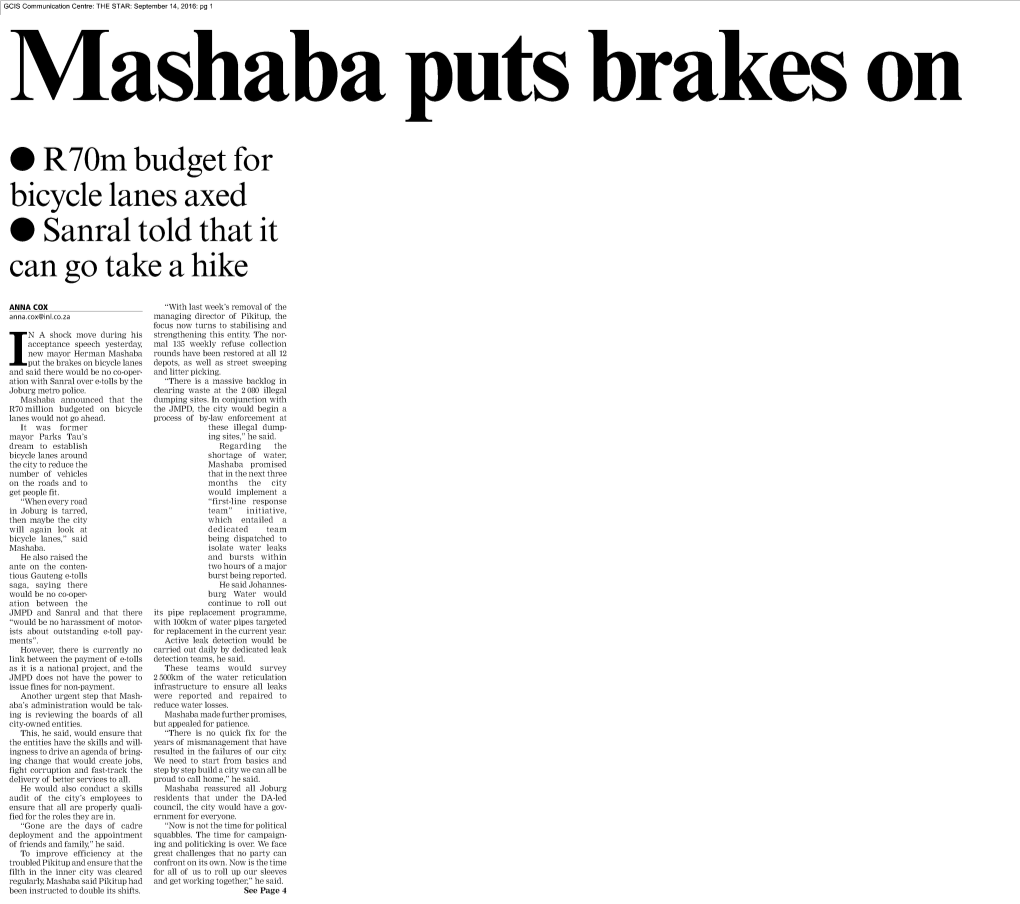 Mashaba Puts Brakes On