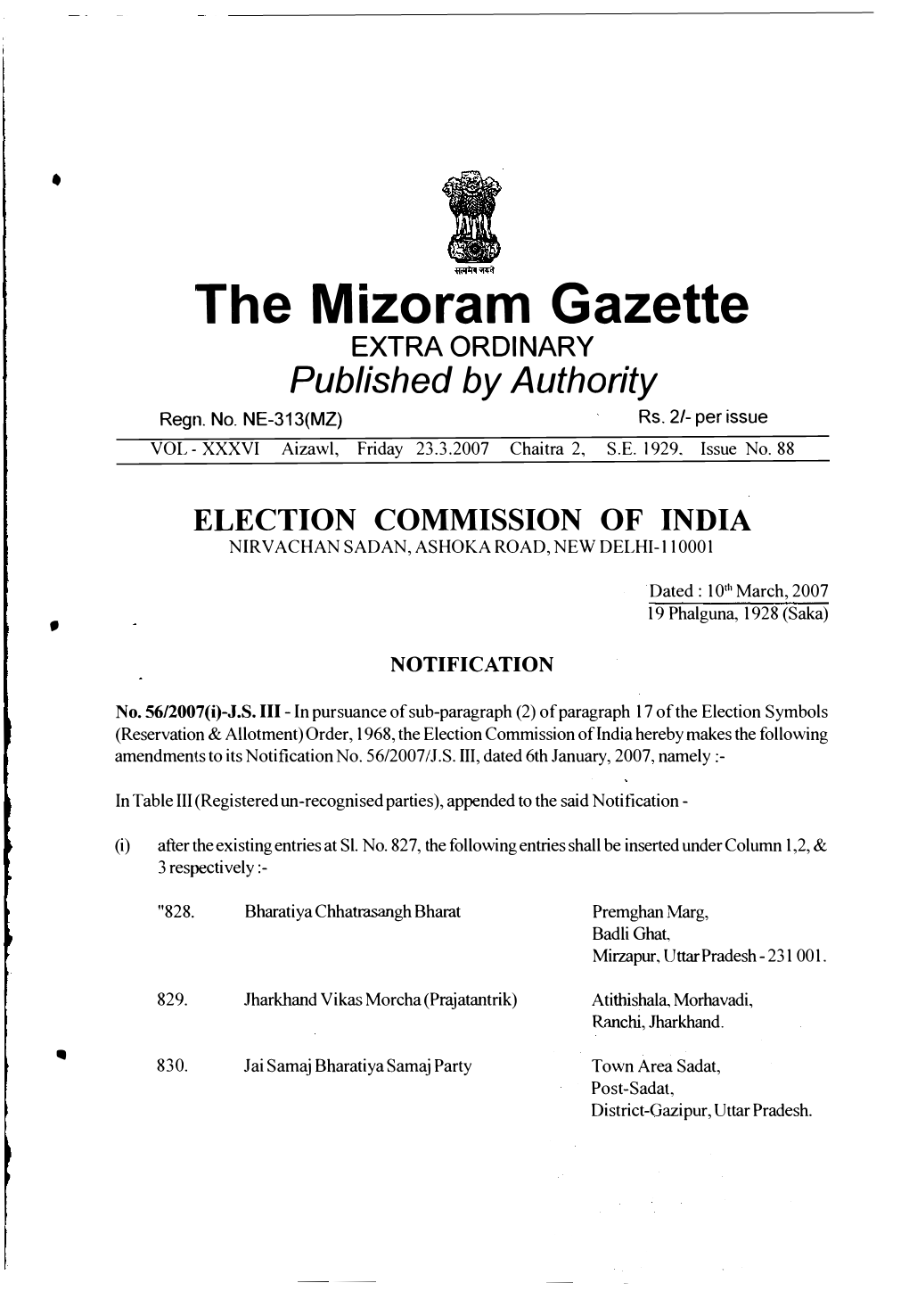 The Mizoram Gazette EXTRA ORDINARY Published by Authority Regn