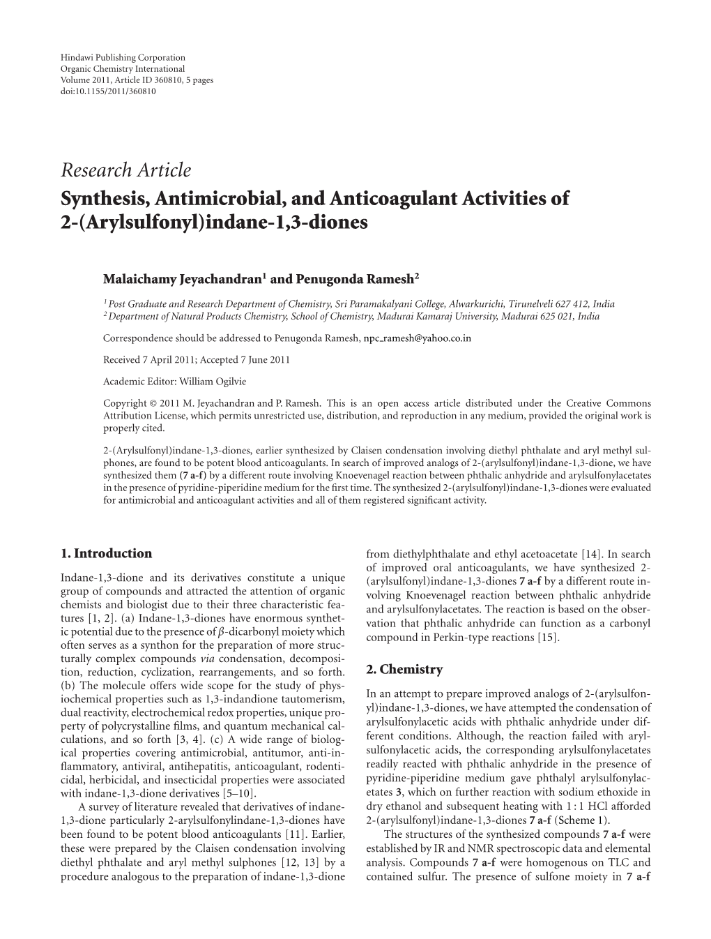 Synthesis, Antimicrobial, and Anticoagulant Activities of 2-(Arylsulfonyl)Indane-1,3-Diones