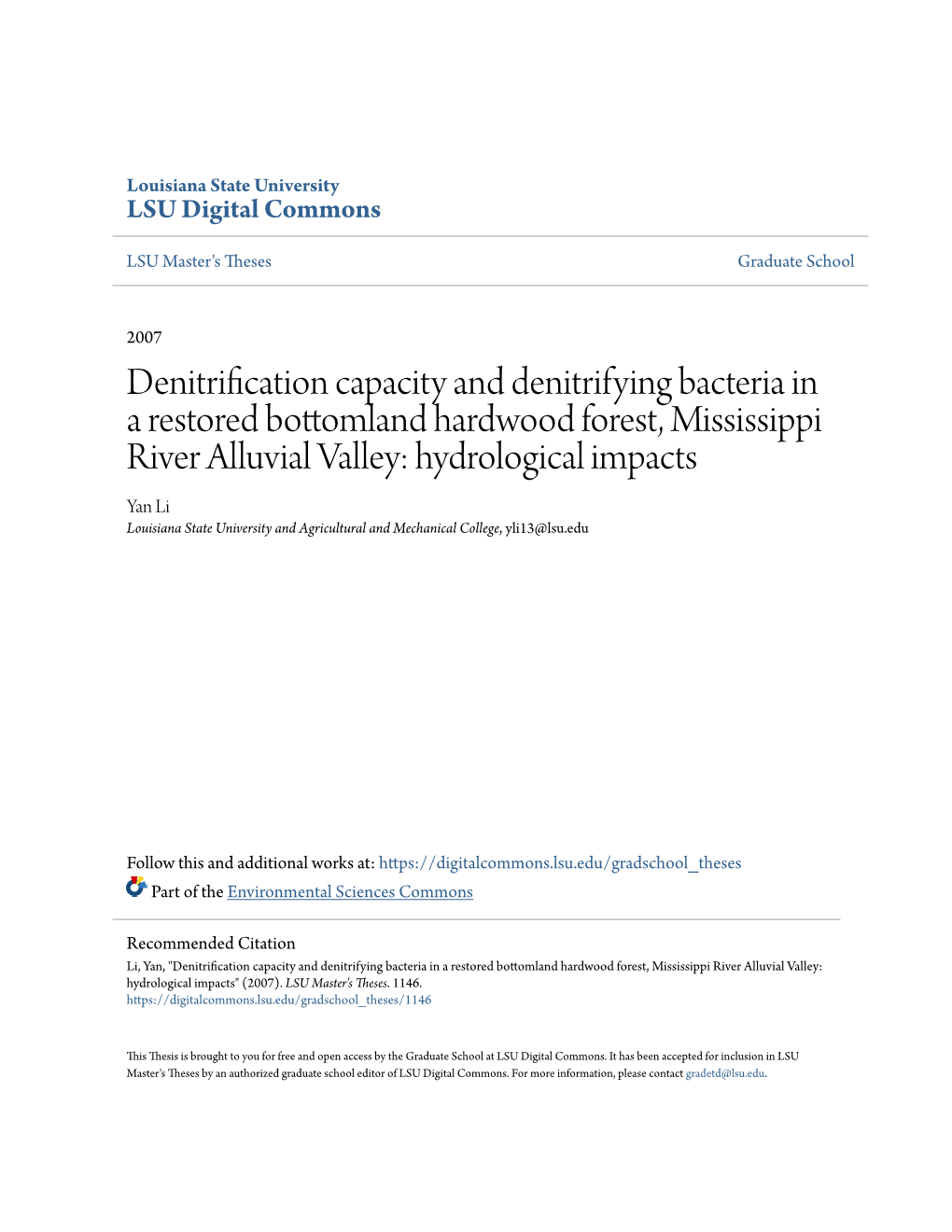 Denitrification Capacity and Denitrifying Bacteria in a Restored