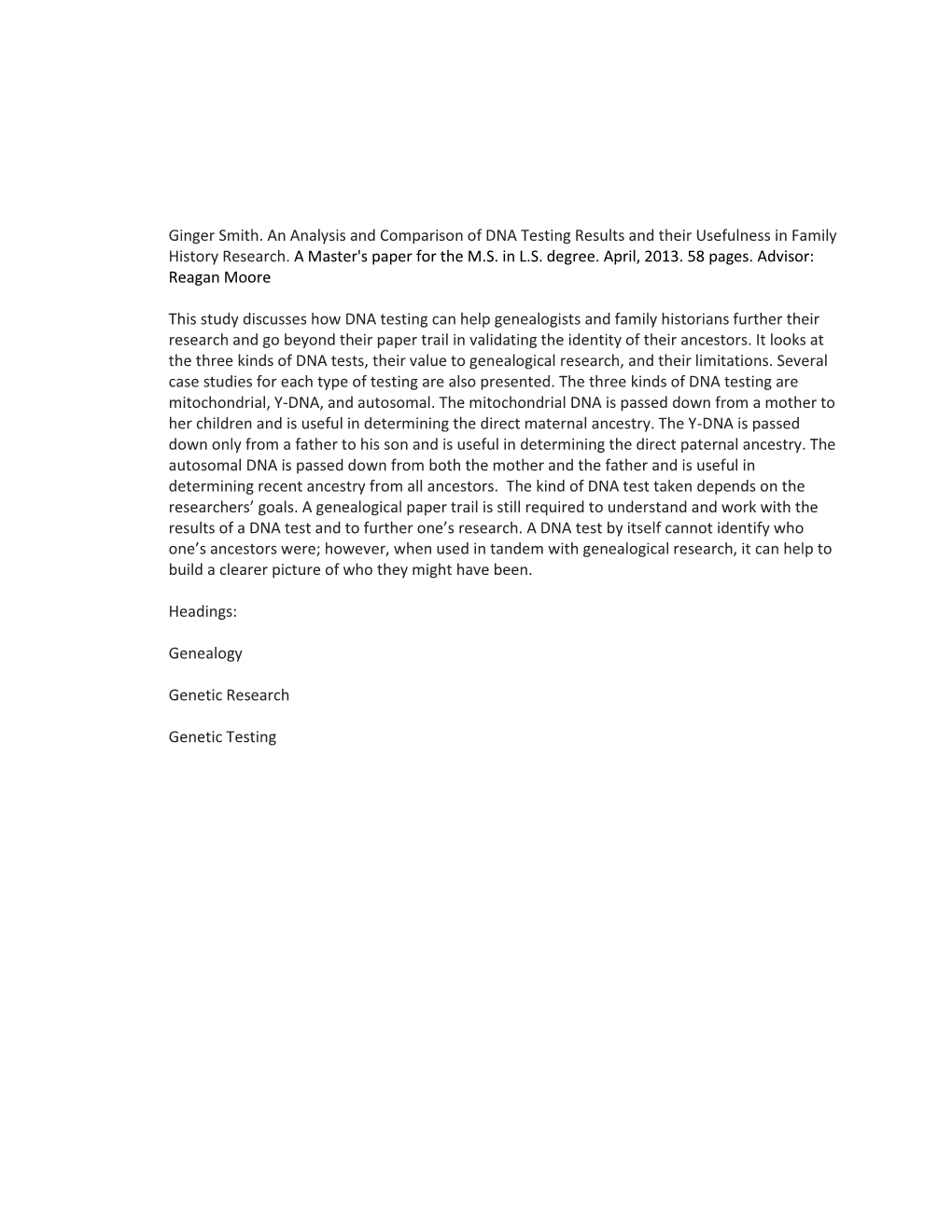 Ginger Smith. an Analysis and Comparison of DNA Testing Results and Their Usefulness in Family History Research. a Master's Paper for the M.S