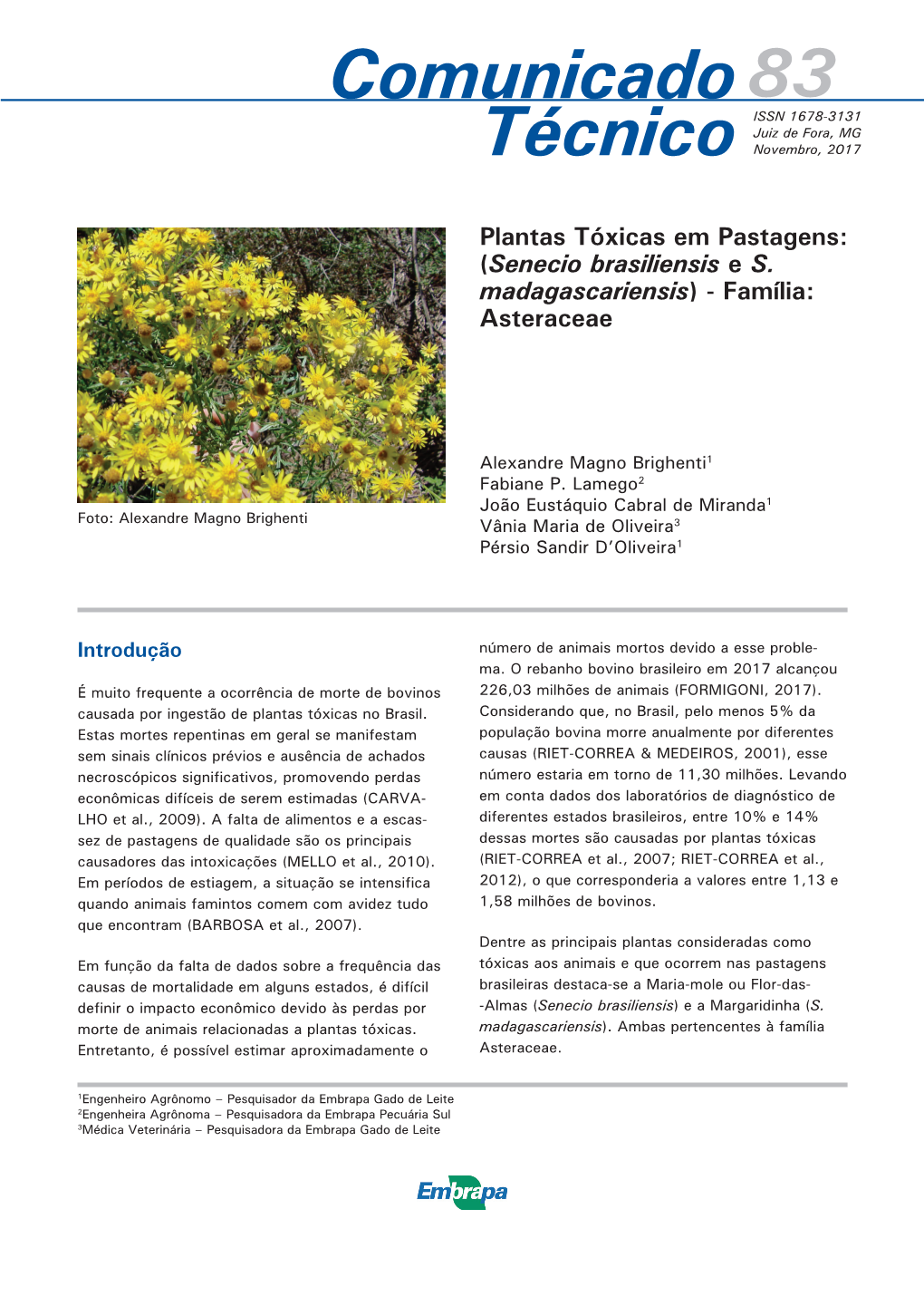 Plantas Tóxicas Em Pastagens: (Senecio Brasiliensis E S