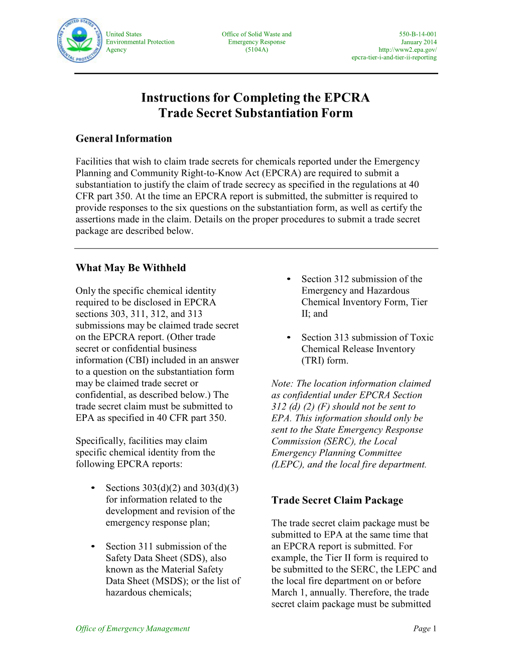 Instructions for Completing EPCRA Trade Secret Substantiation Form