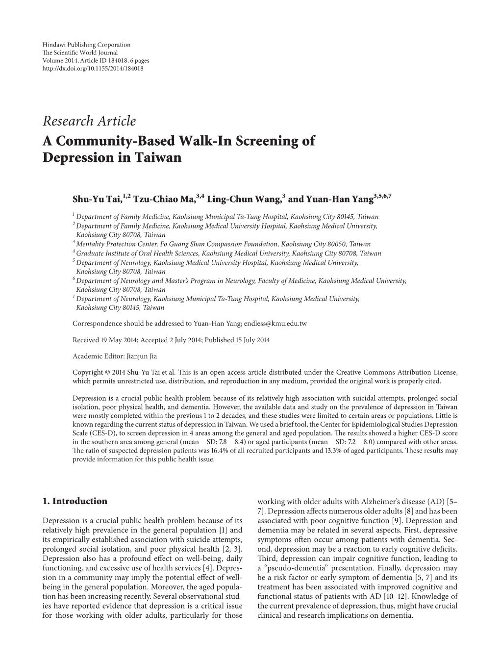 A Community-Based Walk-In Screening of Depression in Taiwan