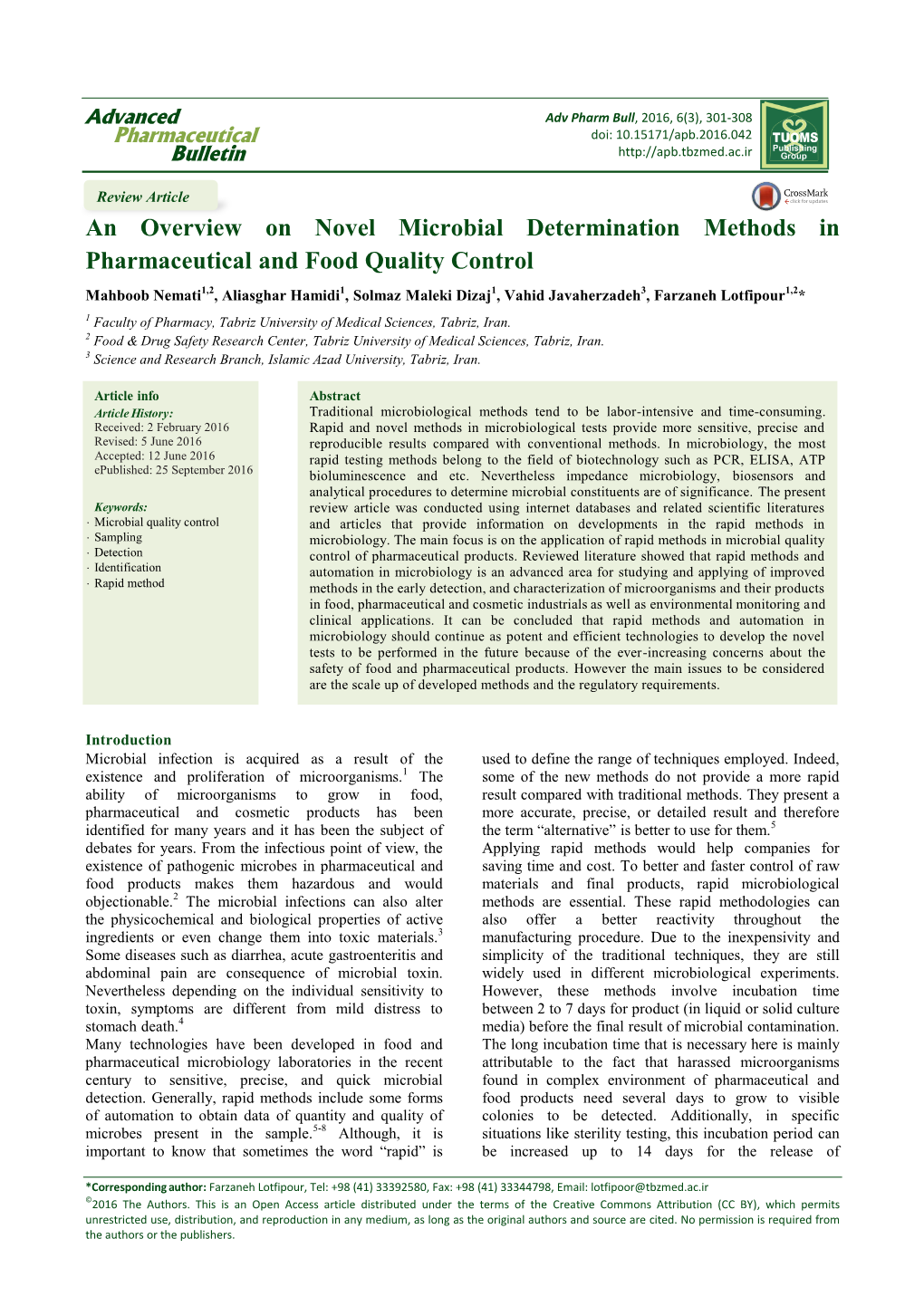 An Overview on Novel Microbial Determination Methods in Pharmaceutical and Food Quality Control